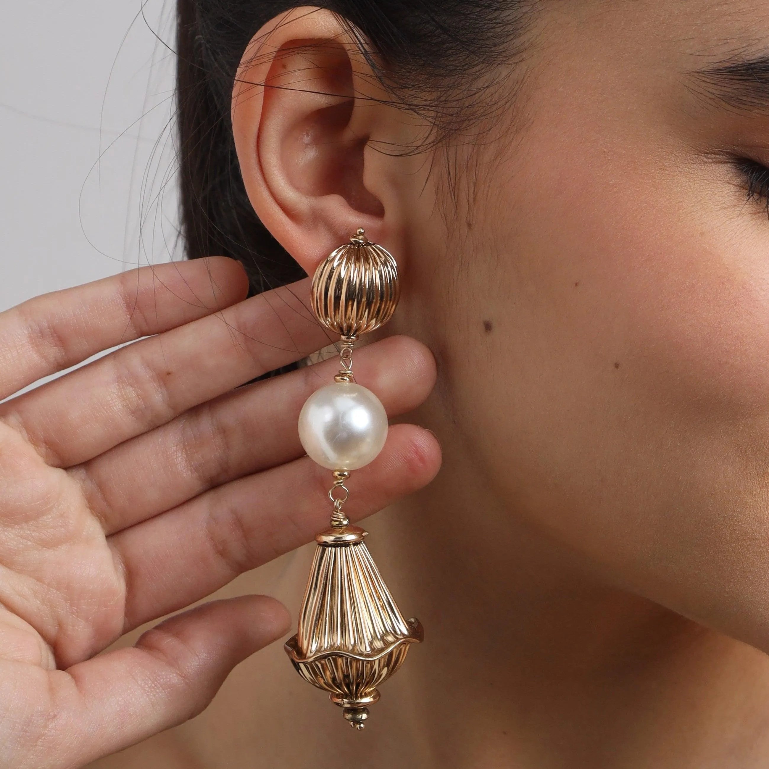 TFC Varied Vortex Bold Bead and Pearl Gold Plated Shoulder Duster Dangler Earrings