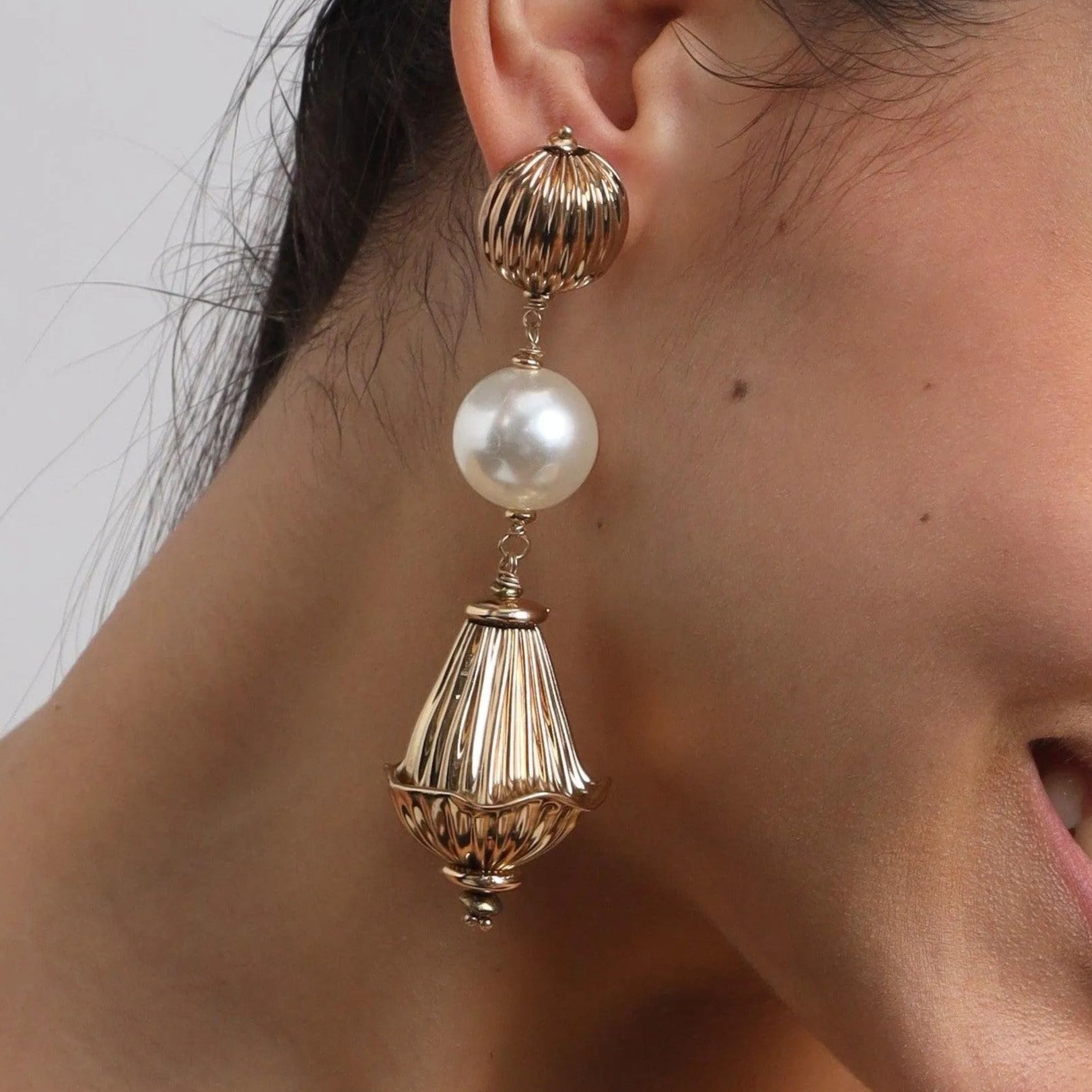 TFC Varied Vortex Bold Bead and Pearl Gold Plated Shoulder Duster Dangler Earrings