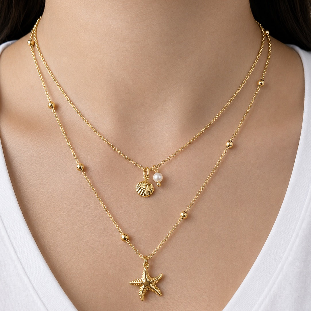 TFC Pearl Tide Charm Gold Plated Layered Necklace