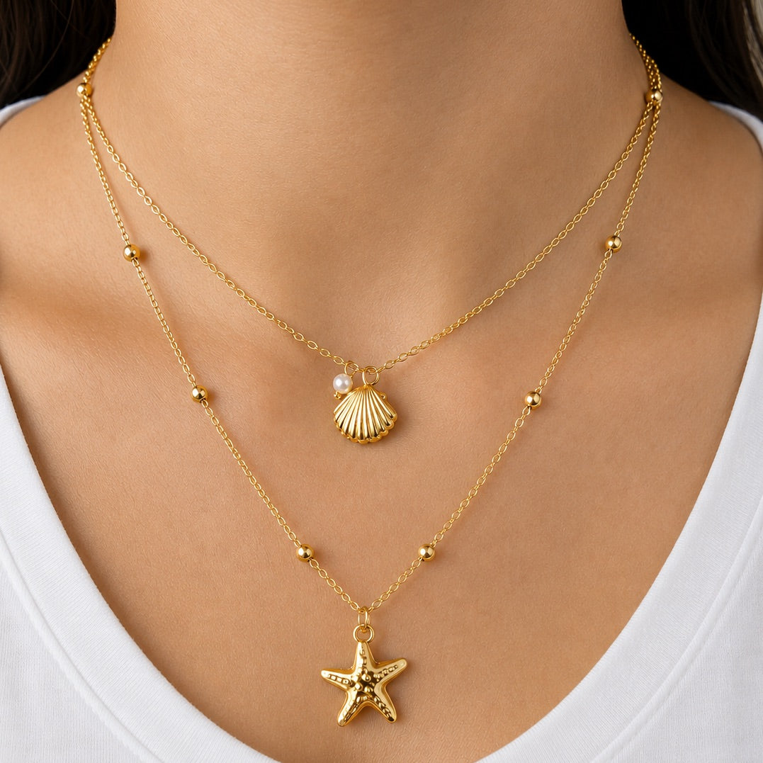TFC Sandy Shore Charm Gold Plated Layered Necklace