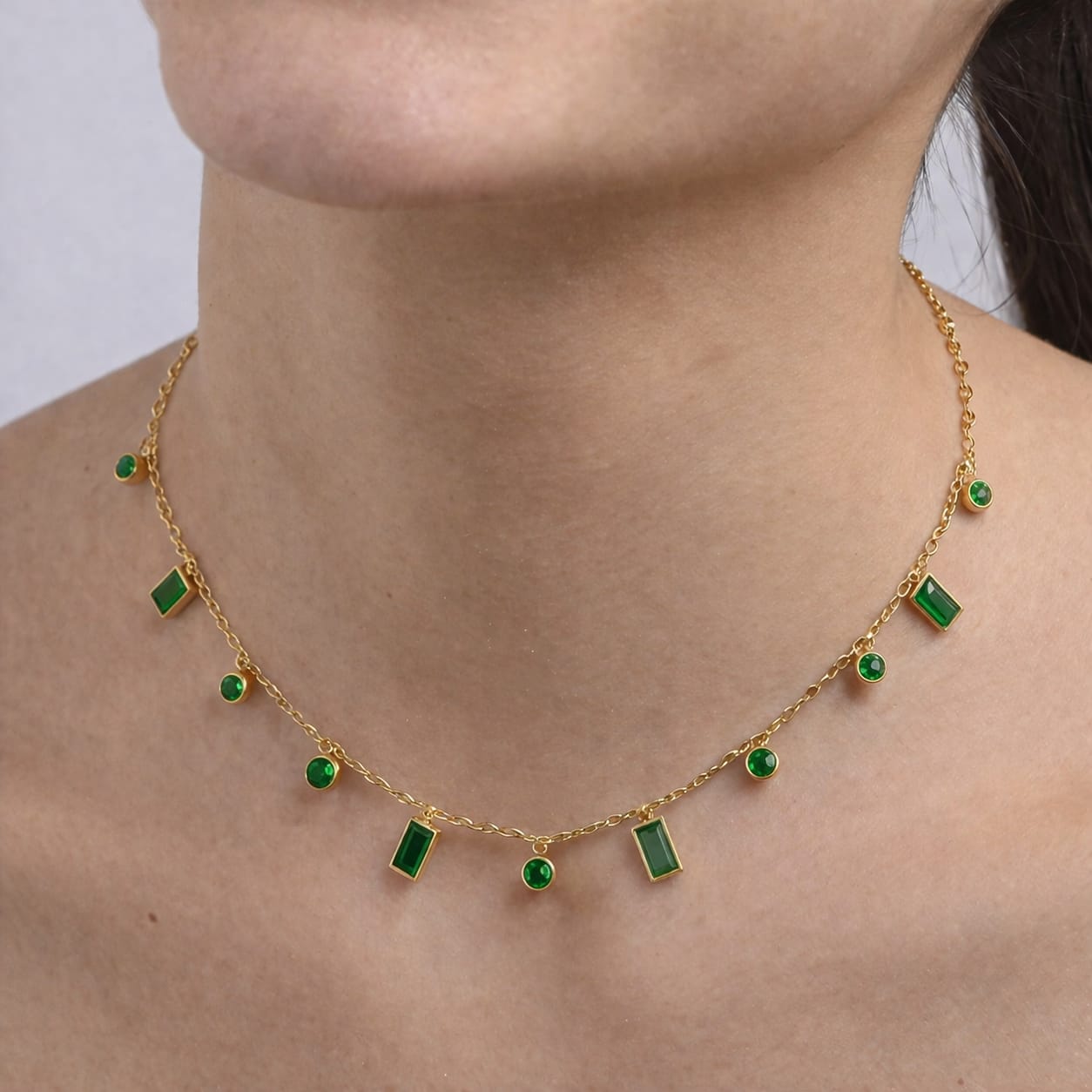 TFC Green Emerald Cut Multi Stone Gold Plated Necklace
