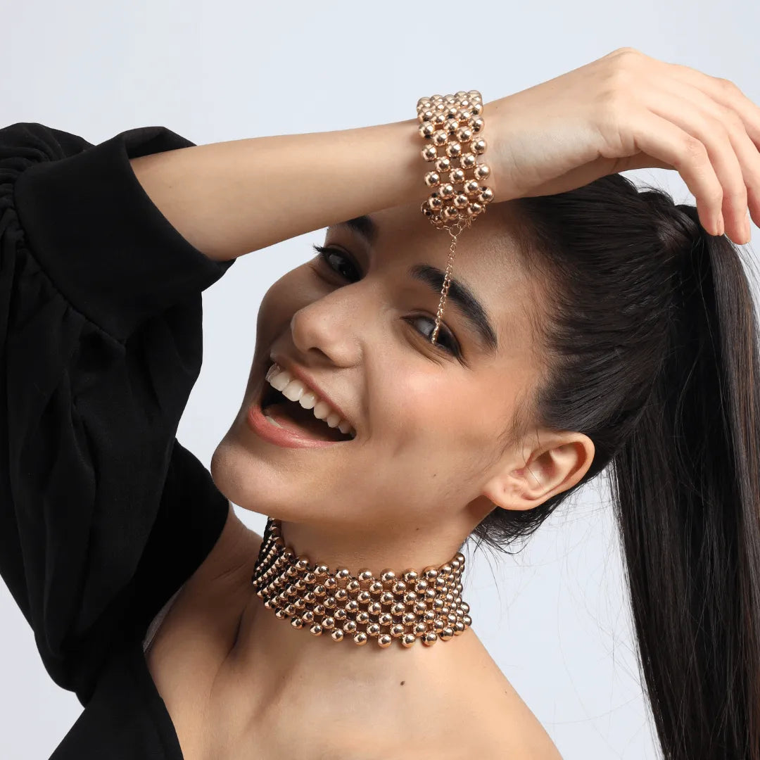 TFC Bold Bead Mesh Gold Plated Choker Necklace