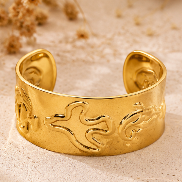 TFC Adjustable Fish And Bird Gold Plated Cuff Bracelet