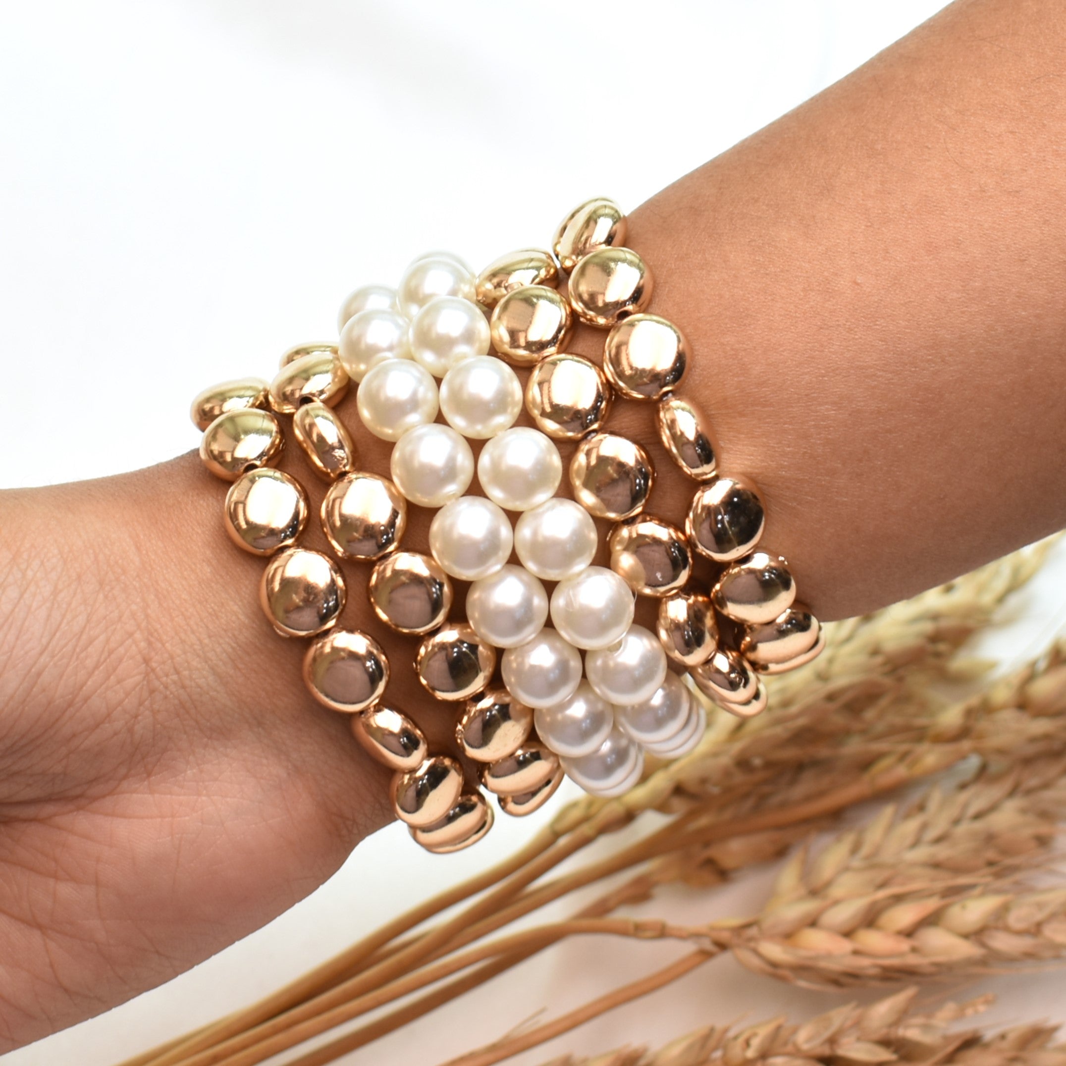 TFC Pearl Poppy Gold Plated Stacked Bracelet (set of 6)