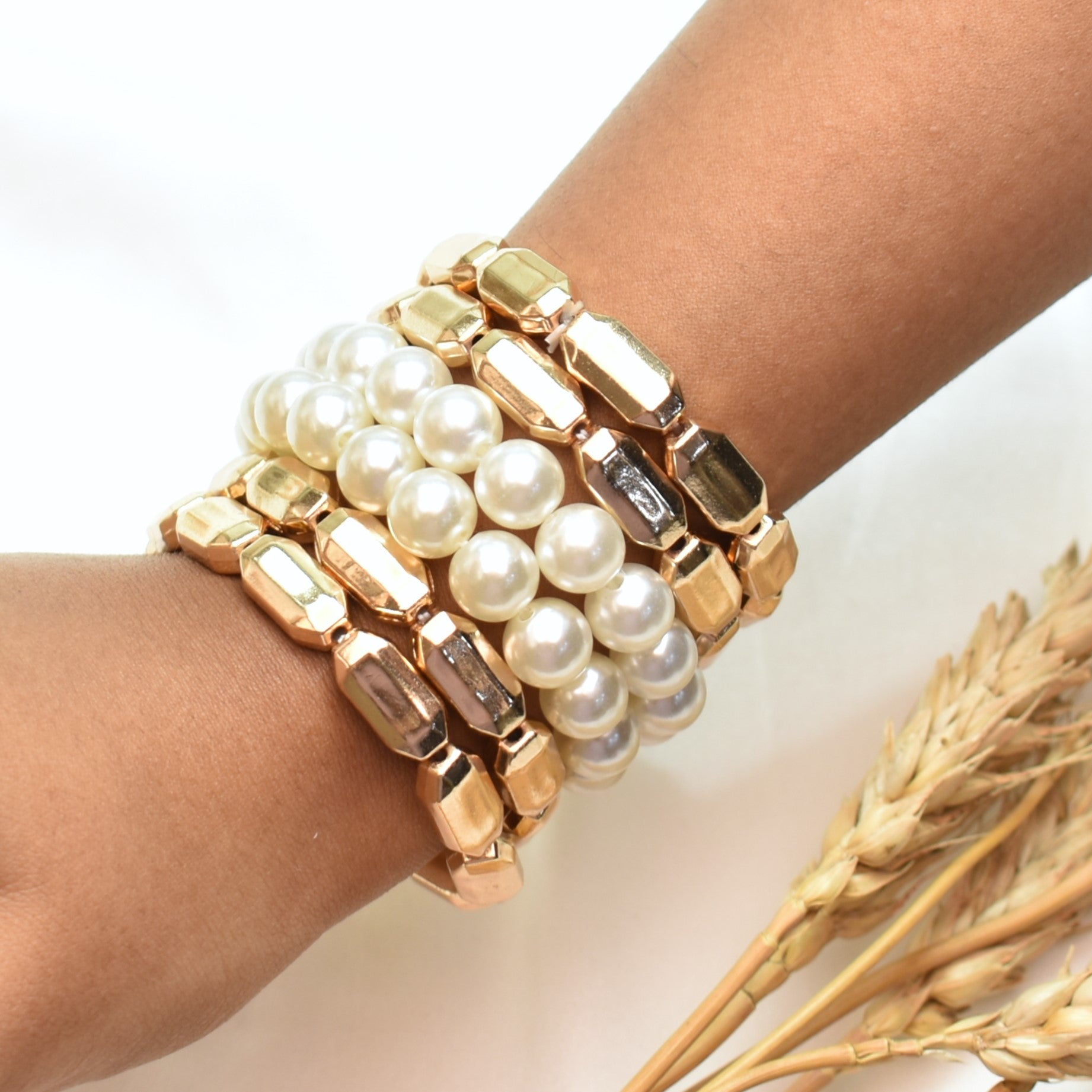 TFC Pearly Combo Gold Plated Stacked Bracelet ( set of 6)