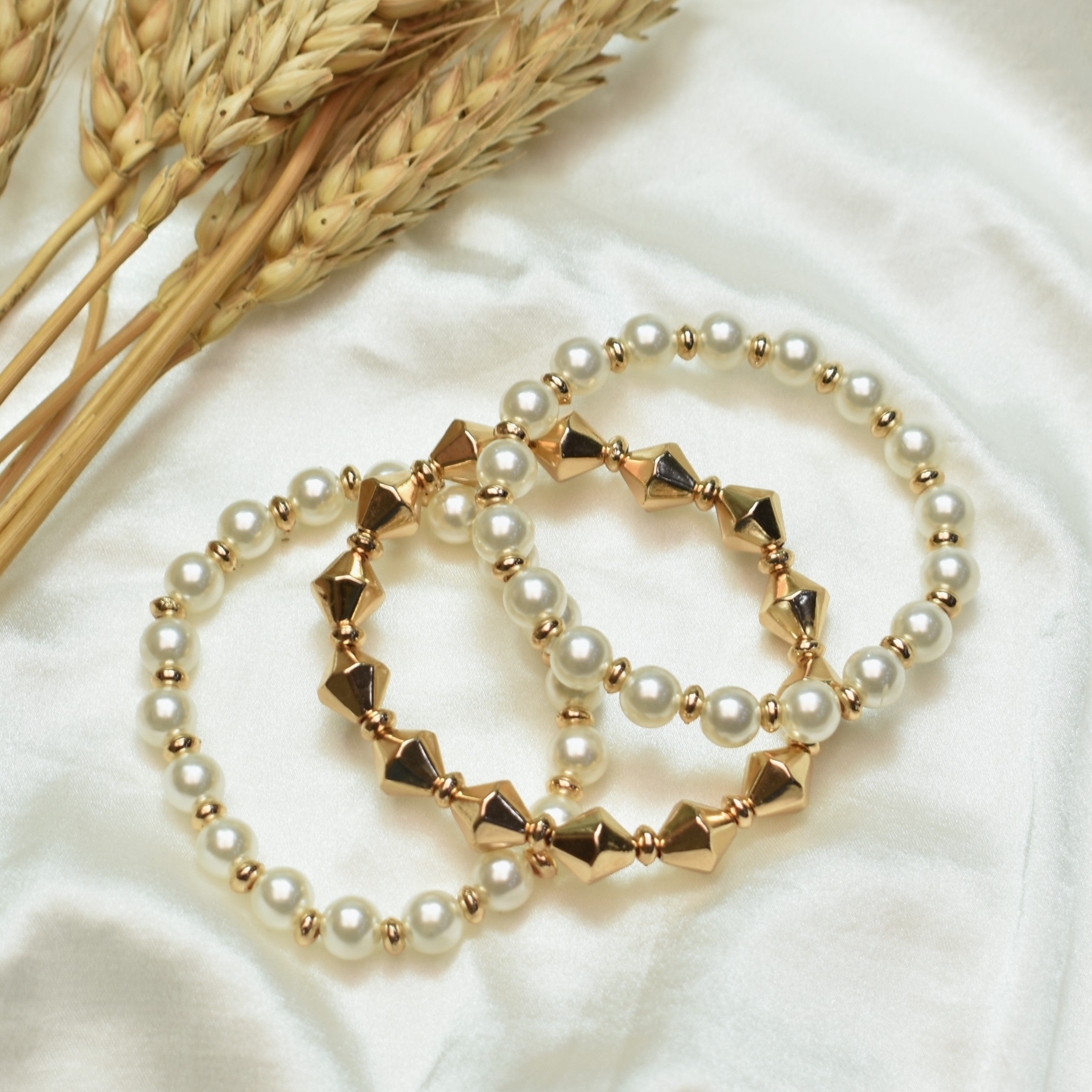 TFC Damru Pearls Gold Plated Stacked Bracelet (set of 3)