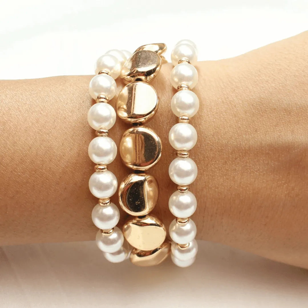 PEARLADA 18k Gold Plated Layered Bracelet Set - Coin Charm Toggle Bracelet With Cubic Zirconia