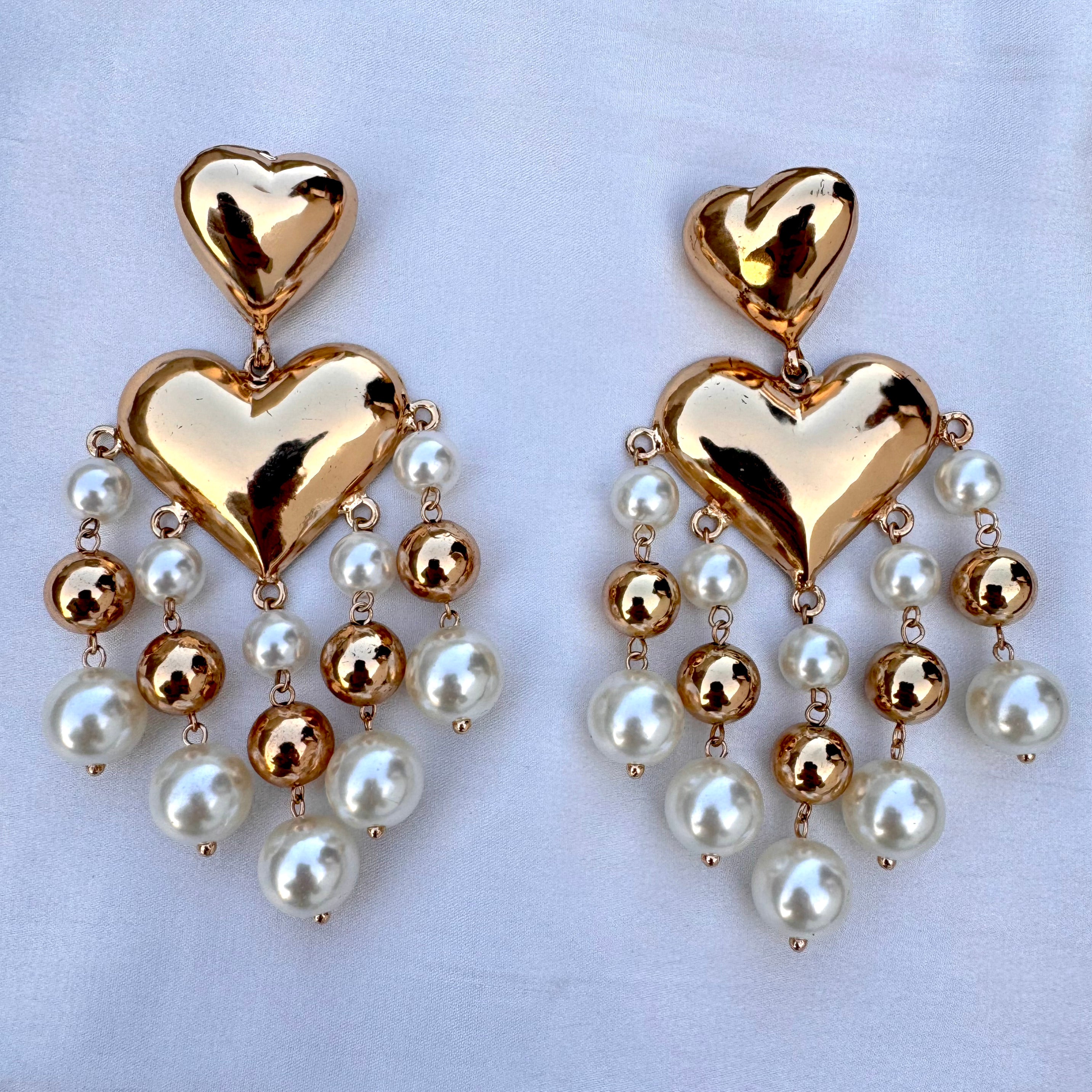 TFC Double Heart Pearl Charm Gold Plated Dangler Earrings
