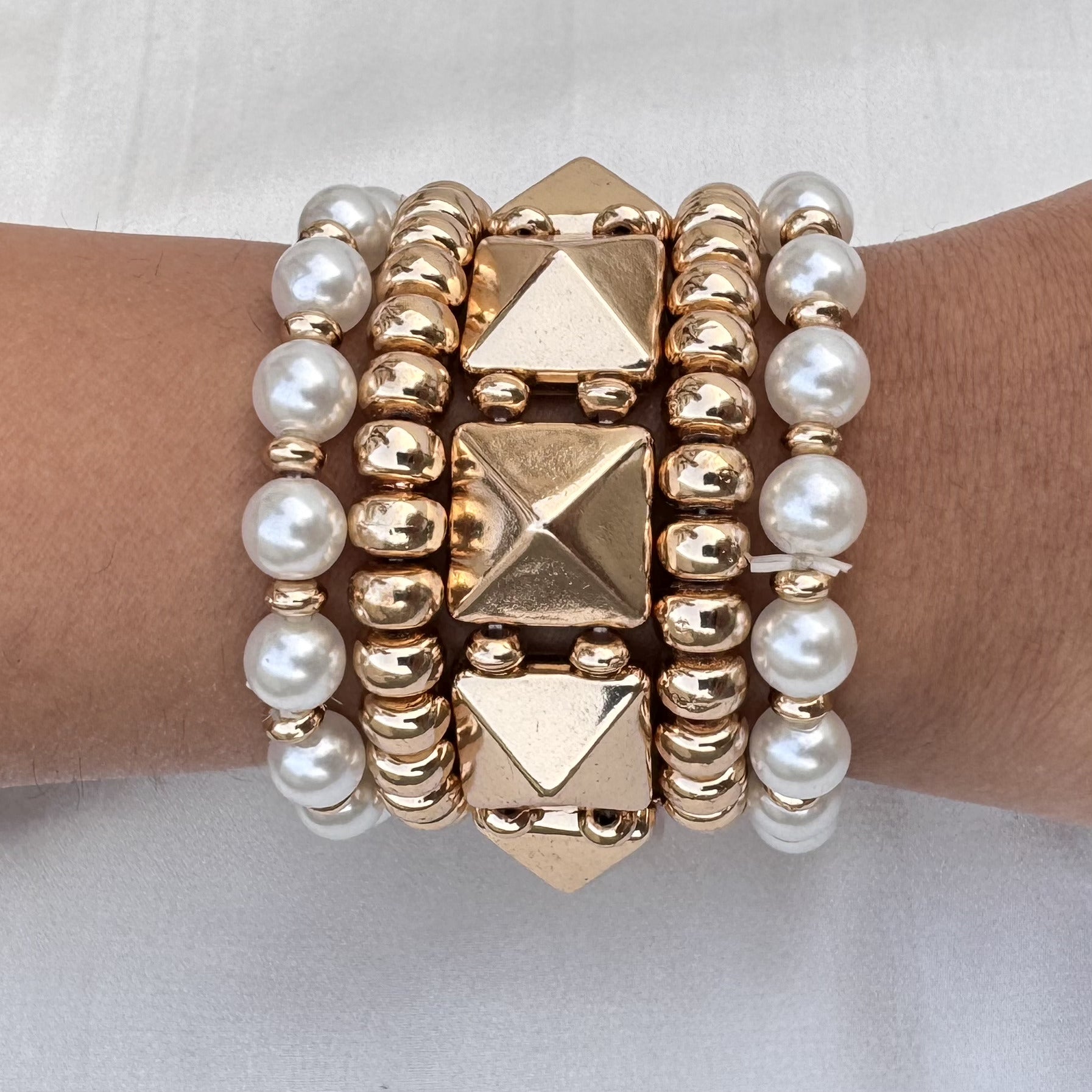 TFC Square Bead Gold Plated Stacked Bracelet (set of 5)