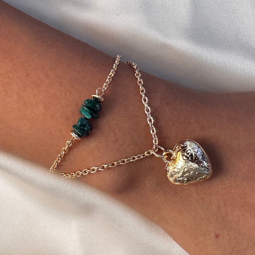 TFC Green Uncut Heart Bead Charm Gold Plated Bracelet