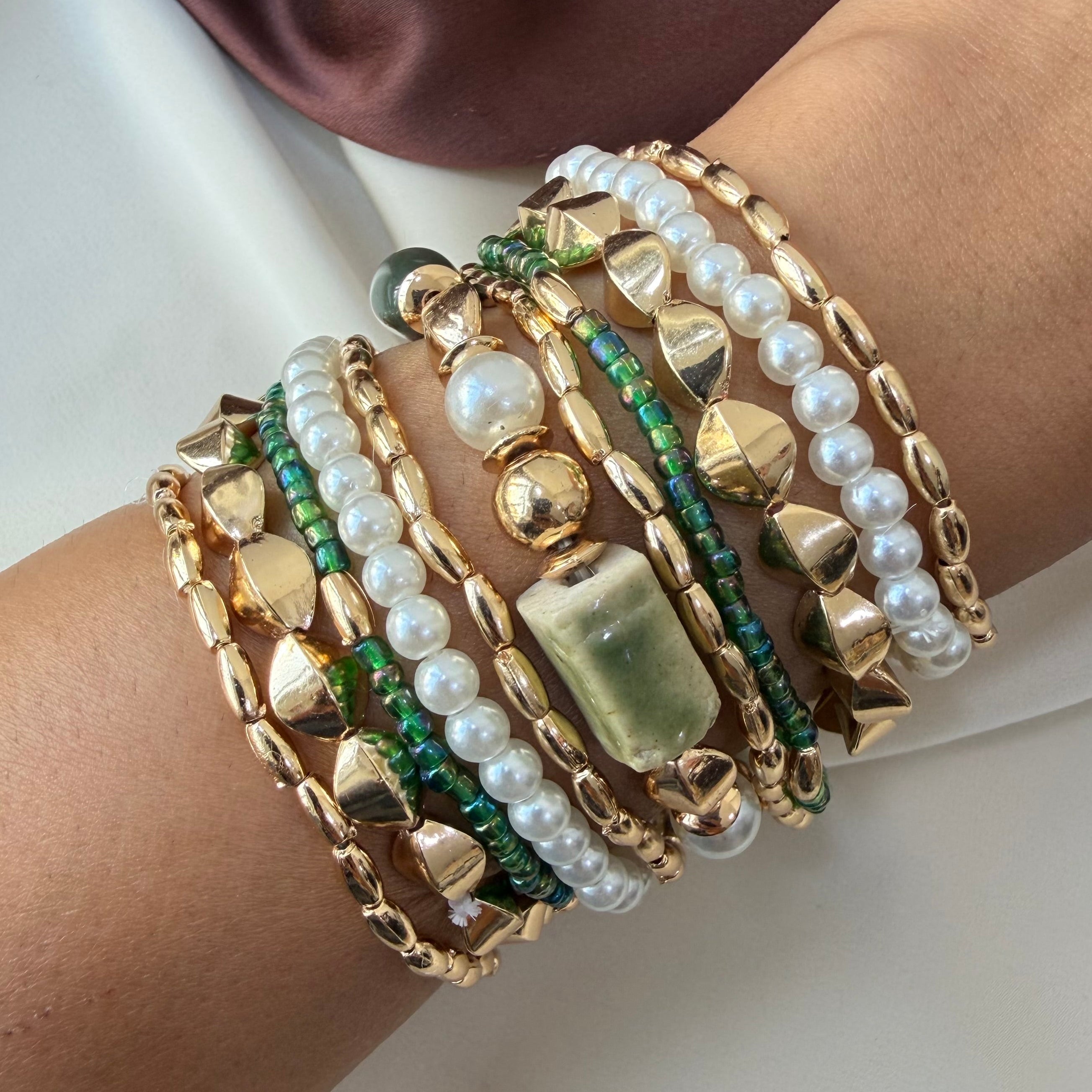 TFC Mini Forest Green Beaded Gold Plated Bracelet (Set of 11)