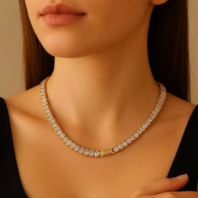 TFC 36cm Baguette White Stone Gold Plated Chain Necklace