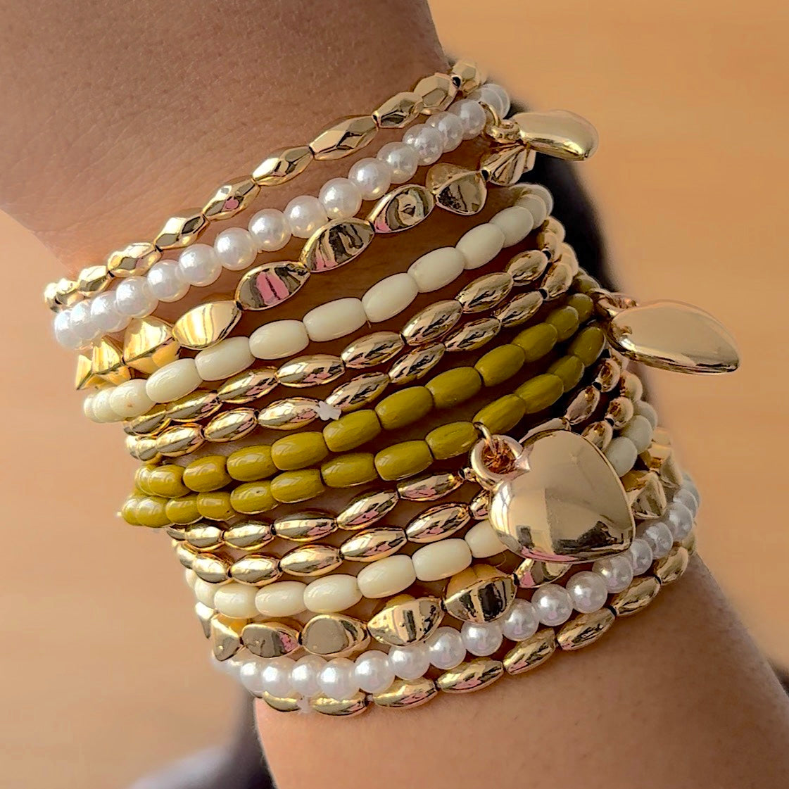 TFC Olive Green Heart Charm Gold Plated Bracelet (set of 12)