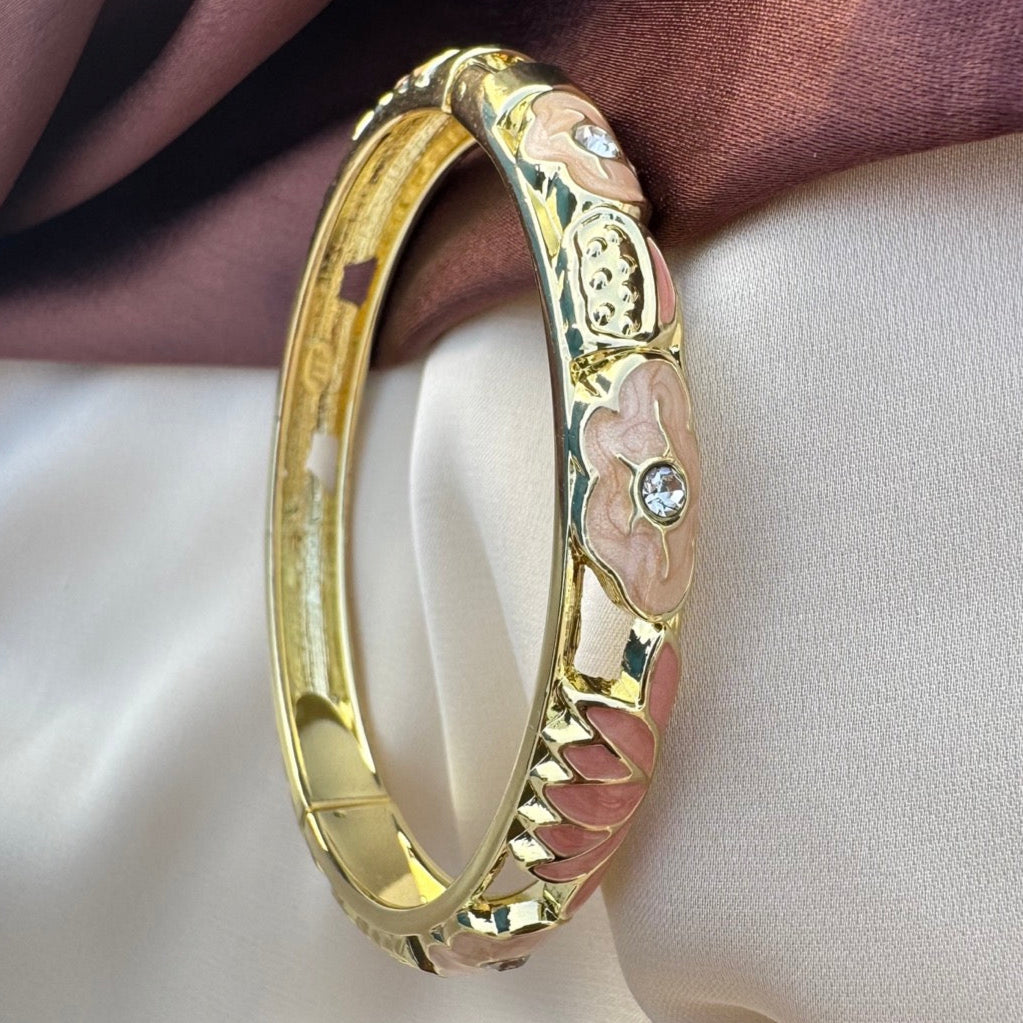TFC Size 2.6 Peach & Peach Lotus Openable Gold Plated Enamel Bracelet Bangle