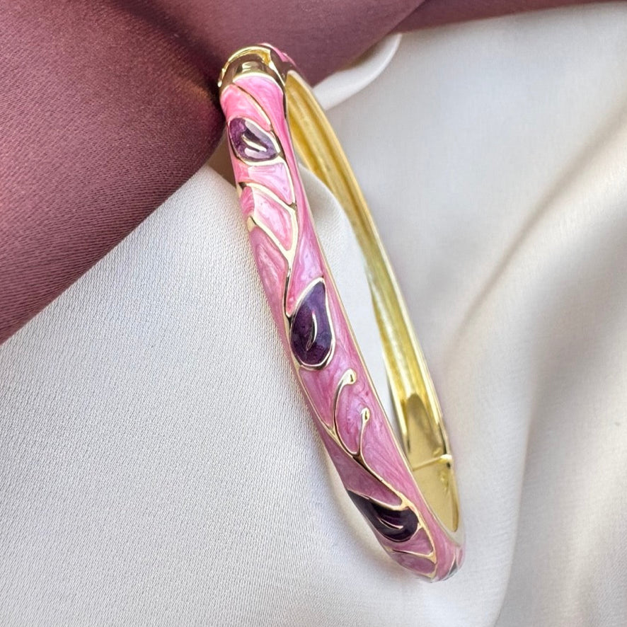 TFC Size 2.6 Pink With Purple Leaf Gold Plated Enamel Bracelet Bangle