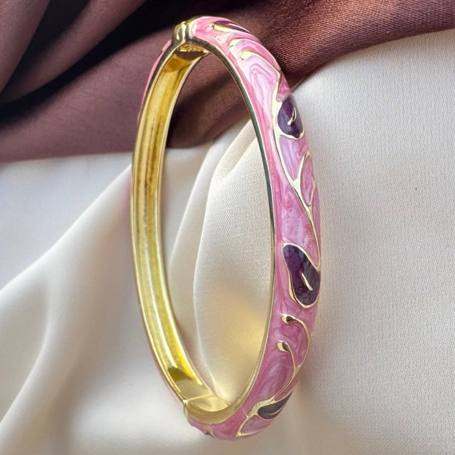 TFC Size 2.6 Pink With Purple Leaf Gold Plated Enamel Bracelet Bangle