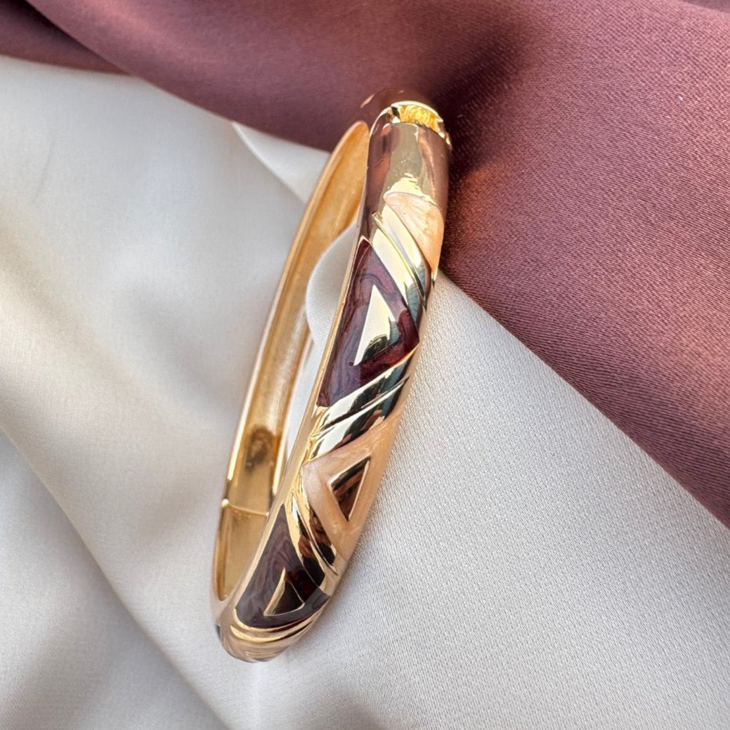 TFC Brown & Peach Triangle Openable Gold Plated Enamel Bracelet Bangle (size 2.6)