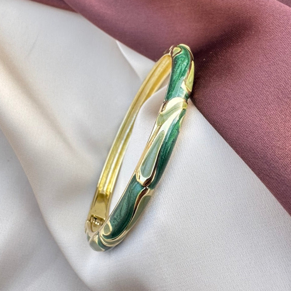 TFC Green Swirls Openable Gold Plated Enamel Bracelet Bangle (size 2.6)