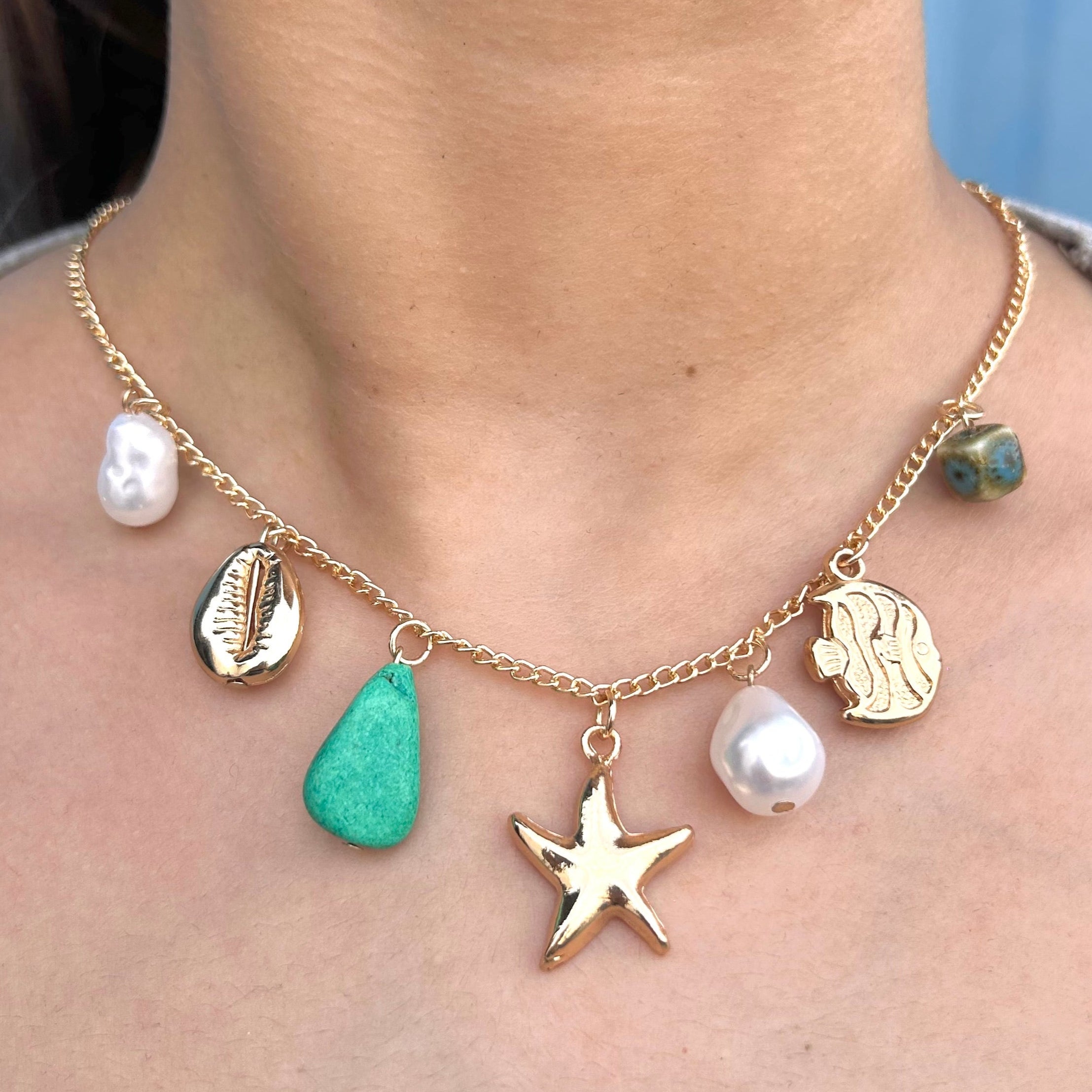 TFC Star Green Bead Charm Gold Plated Necklace