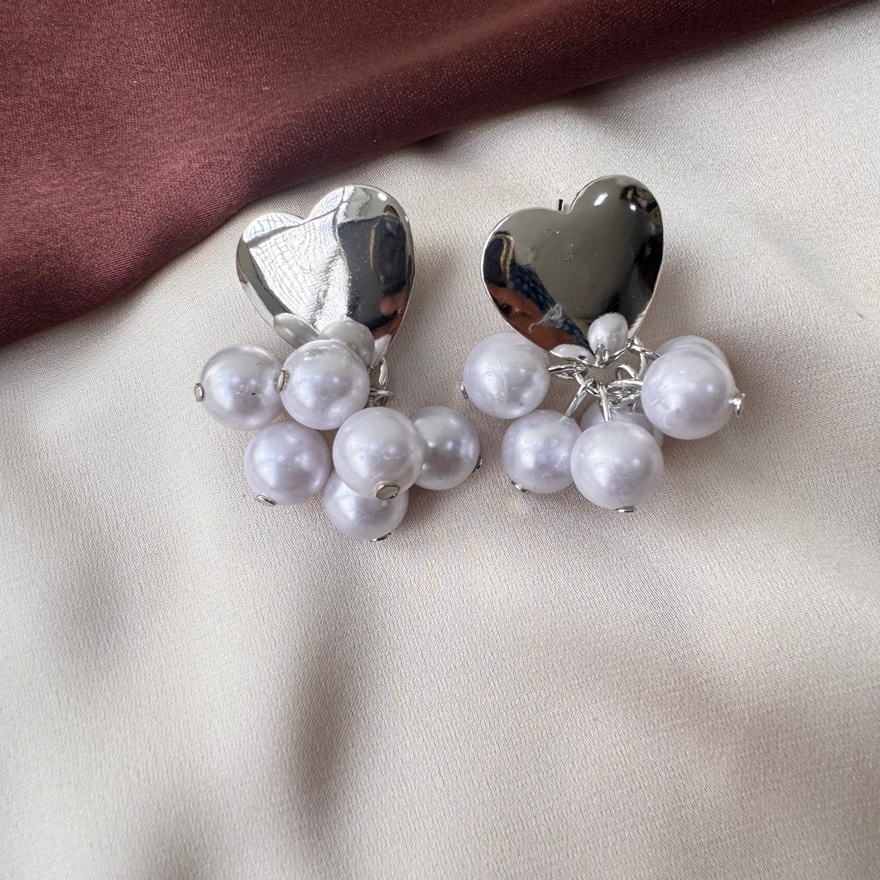 TFC Pearl Bunch Heart Silver Dangler Earrings