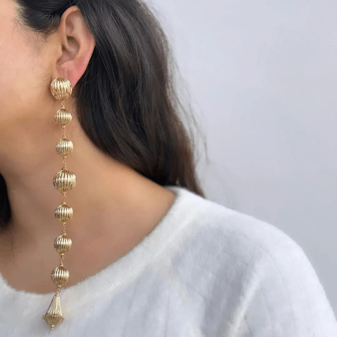 TFC Long Vortex Bold Bead Gold Plated Shoulder Duster Dangler Earrings