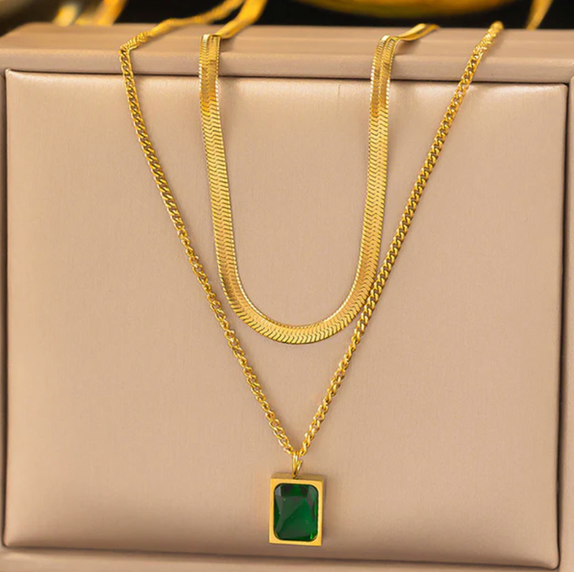 TFC Emerald Green Stone Gold Plated Layered Necklace