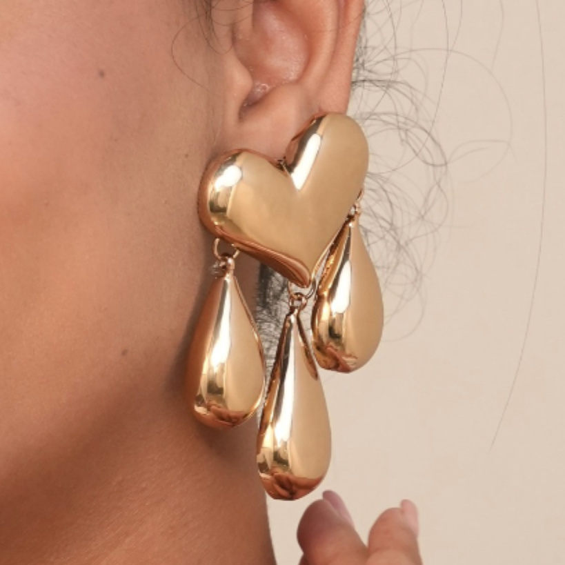 TFC 24K Bold Heart 3 Drop Gold Plated Dangler Earrings