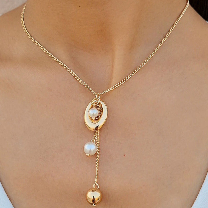 TFC Oval Pearl Gold Plated Pendant Necklace
