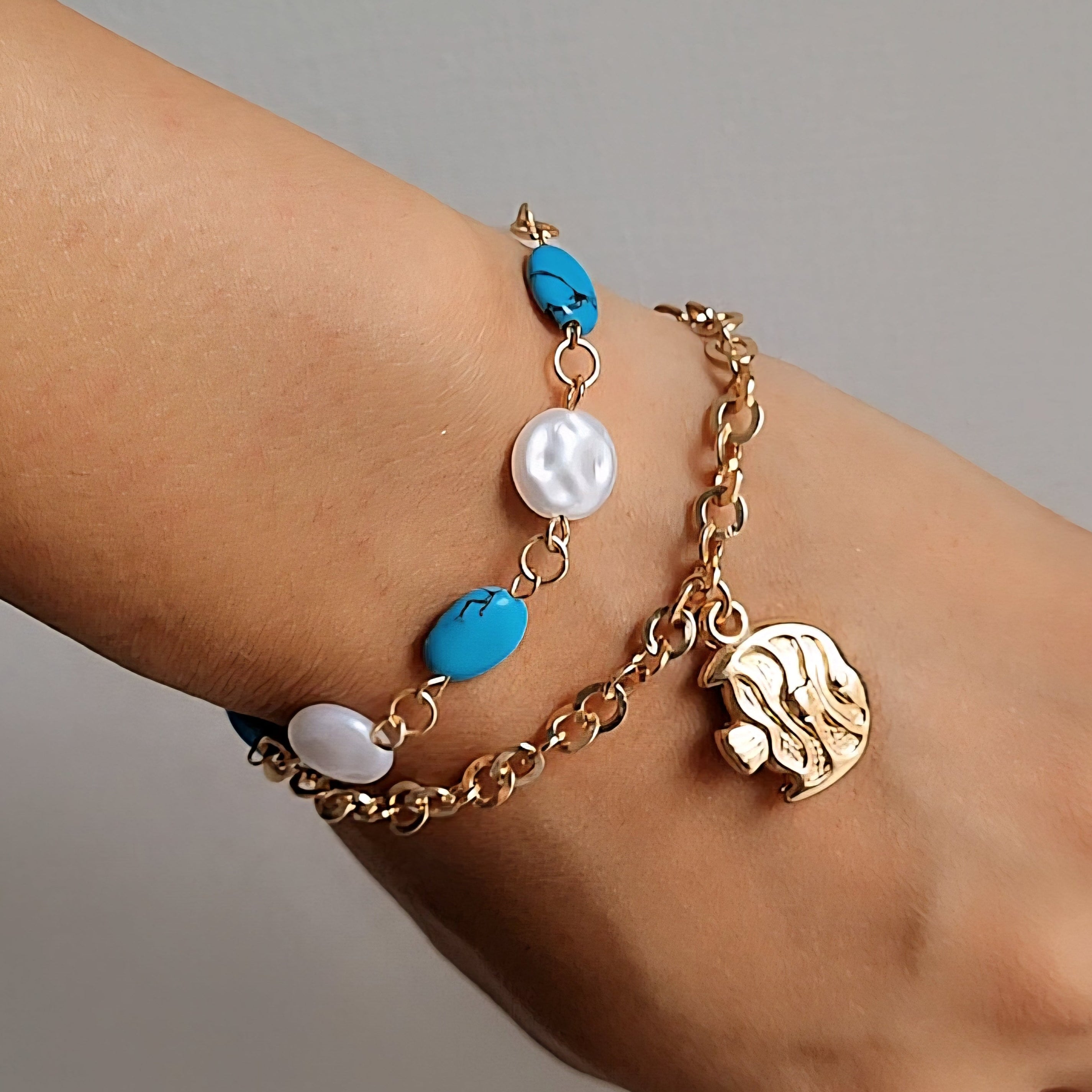 TFC Fish & Blue Bead Gold Plated Layered Bracelet