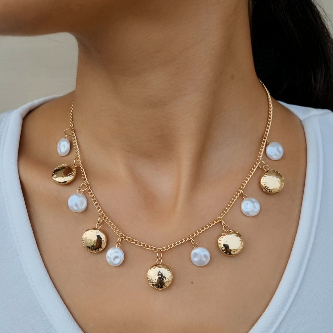 TFC Round Bead & Pearl Charms Gold Plated Necklace