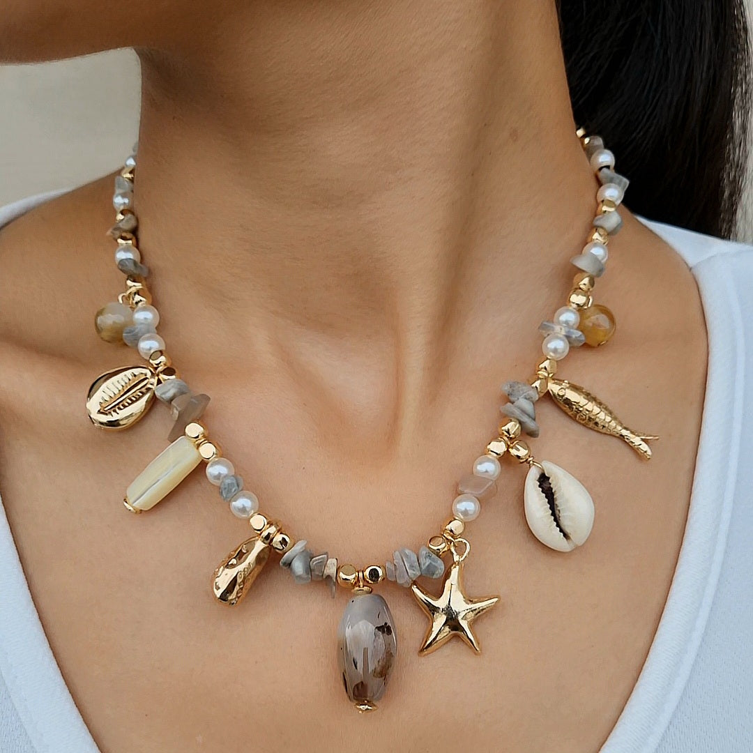 TFC Wishful Sea Bead Charms Gold Plated Necklace