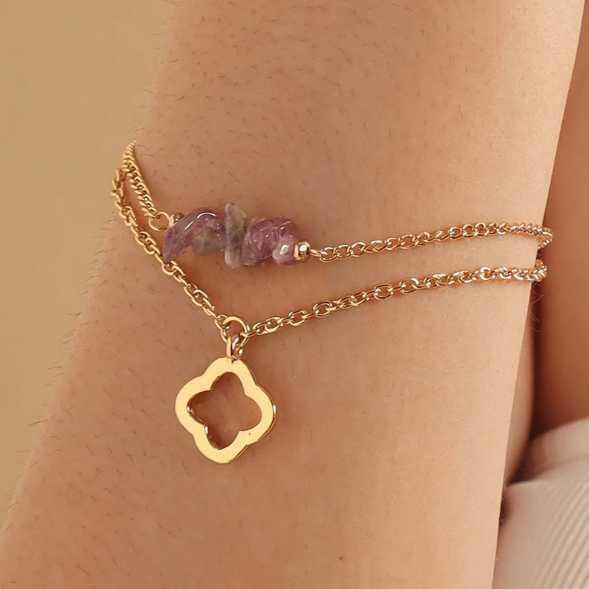 TFC Amethyst Stone Clover Charm Gold Plated Stacked bracelet-Discover our stunning collection of stylish bracelets for women, featuring exquisite pearl bracelets, handcrafted beaded bracelets, and elegant gold-plated designs. Enjoy cheapest anti-tarnish fashion jewellery and long-lasting brilliance only at The Fun Company