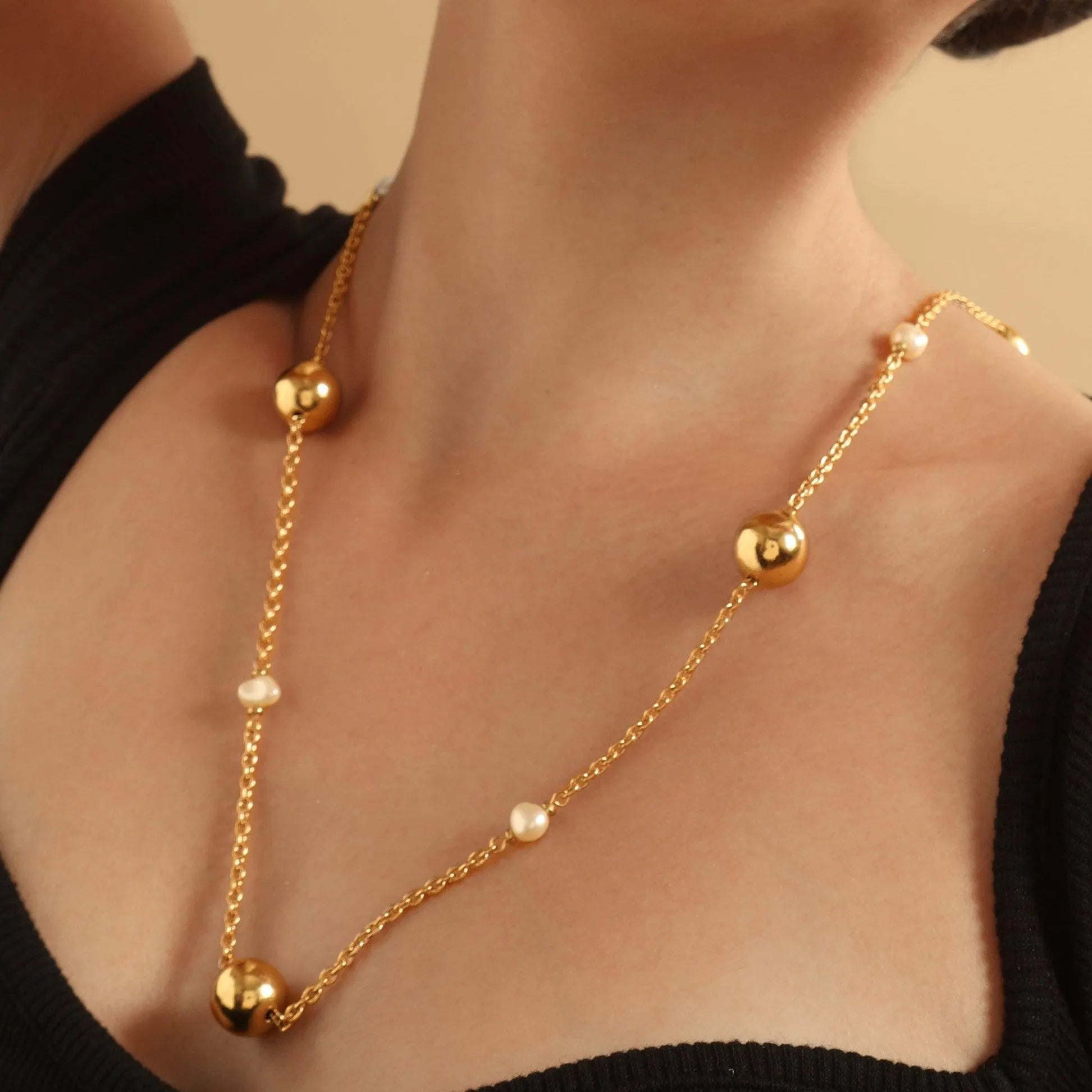 TFC Bold and Gold Pearl Beads Long Gold Plated Necklace