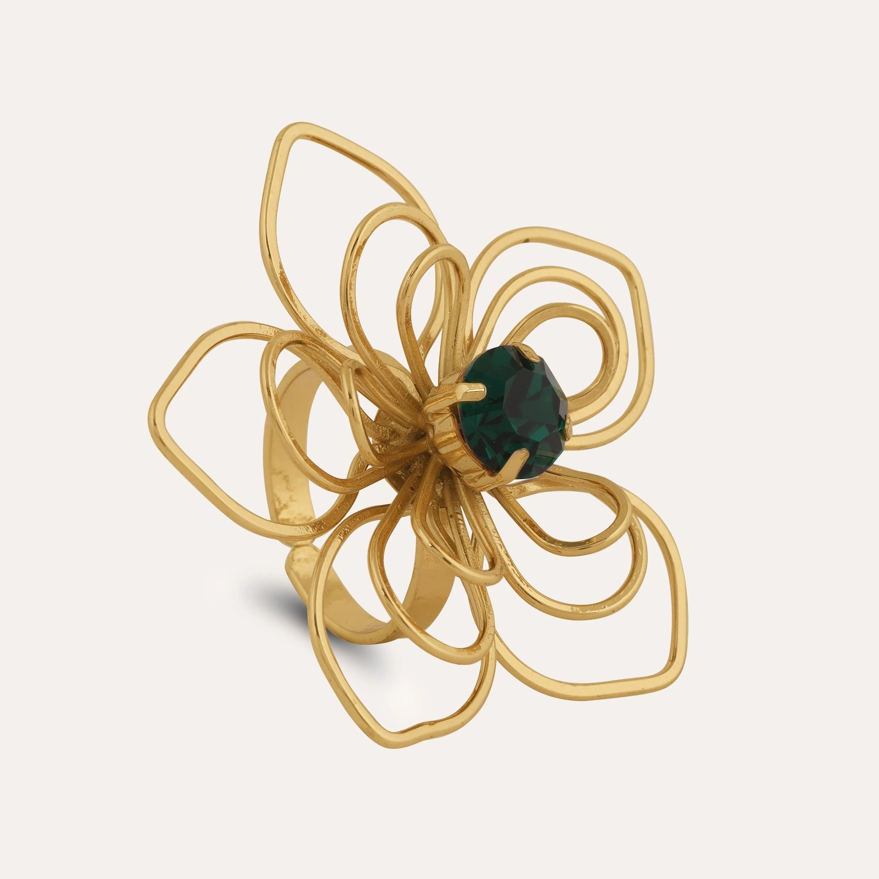 TFC Floral Emerald Statement Gold Plated Adjustable Ring-Elevate your style with our exquisite collection of gold-plated adjustable rings for women, including timeless signet rings. Explore cheapest fashion jewellery designs with anti-tarnish properties, all at The Fun Company with a touch of elegance