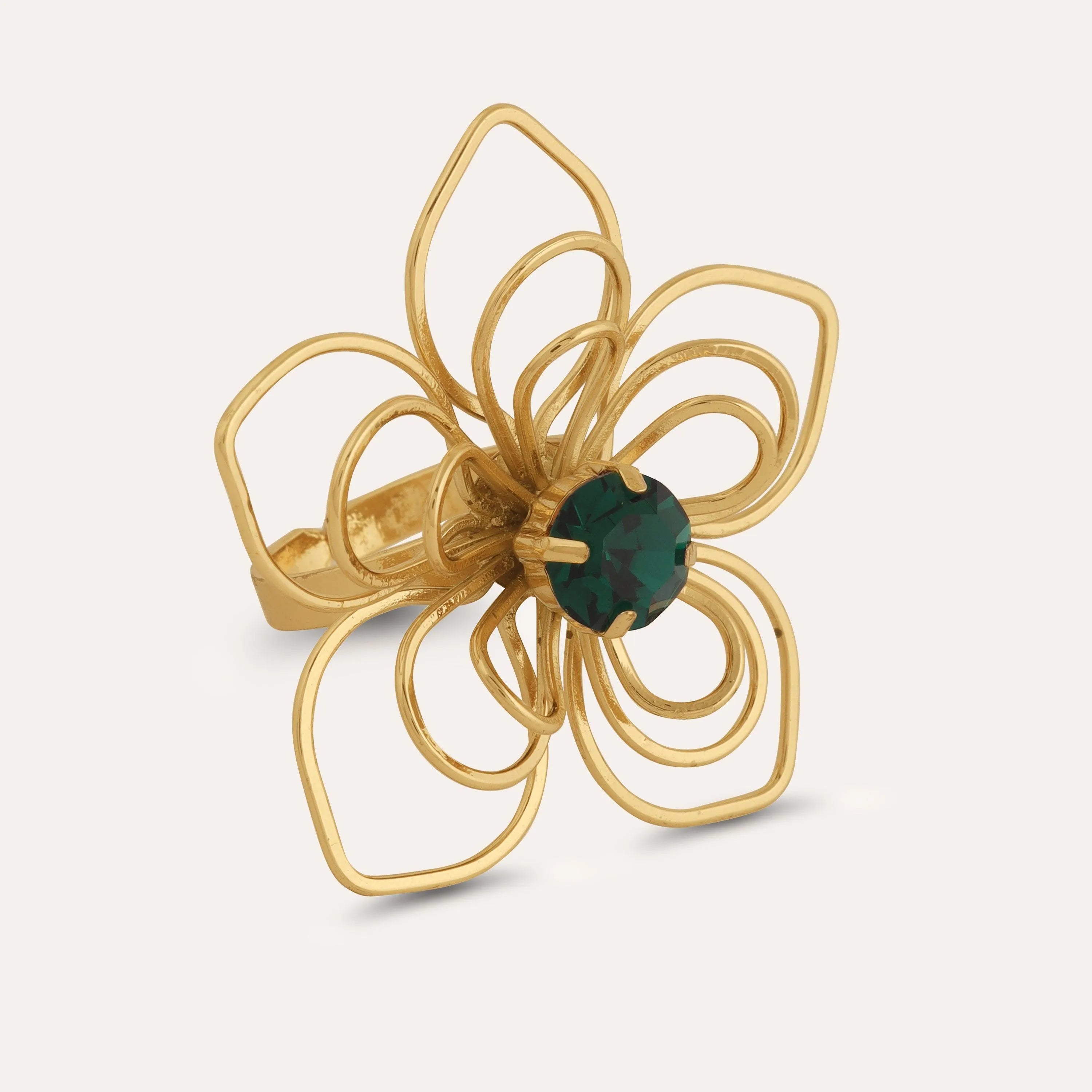TFC Floral Emerald Statement Gold Plated Adjustable Ring-Elevate your style with our exquisite collection of gold-plated adjustable rings for women, including timeless signet rings. Explore cheapest fashion jewellery designs with anti-tarnish properties, all at The Fun Company with a touch of elegance