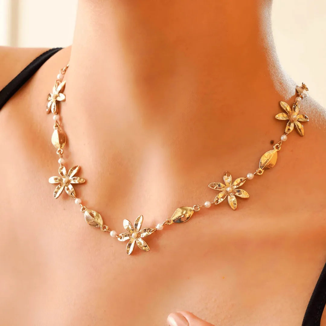 TFC Floral Gold Plated Pearl Necklace