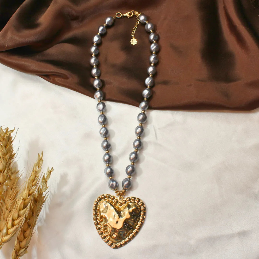 TFC Grey Pearls Mashed Bold Heart Pendant Necklace