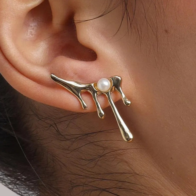 TFC Melted Cream Pearl Gold Plated Stud Earrings