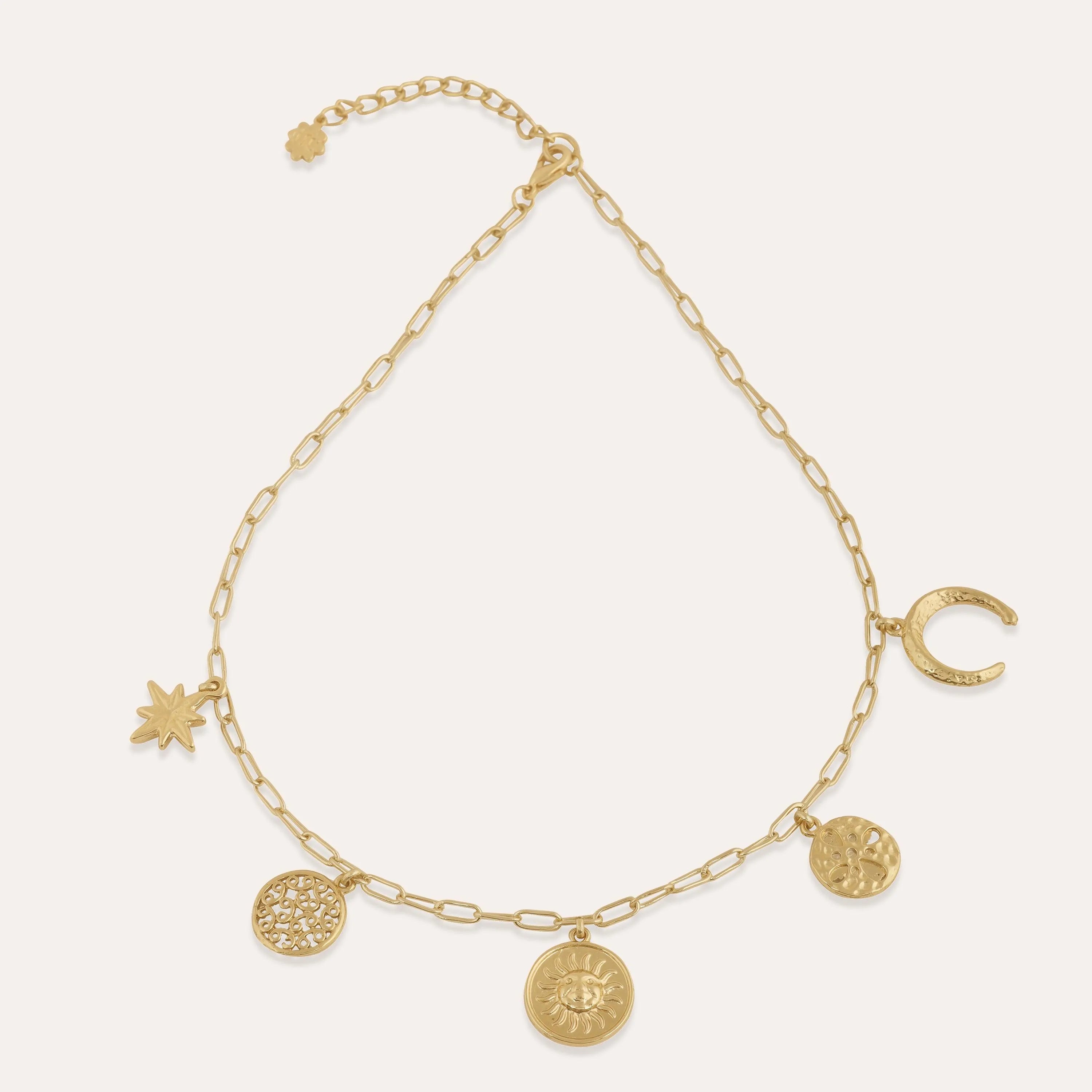TFC Multi Charms Gold Plated Necklace-Enhance your elegance with our collection of gold-plated necklaces for women. Choose from stunning pendant necklaces, chic choker necklaces, and trendy layered necklaces. Our sleek and dainty designs are both affordable and anti-tarnish, ensuring lasting beauty. Enjoy the cheapest fashion jewellery, lightweight and stylish- only at The Fun Company.