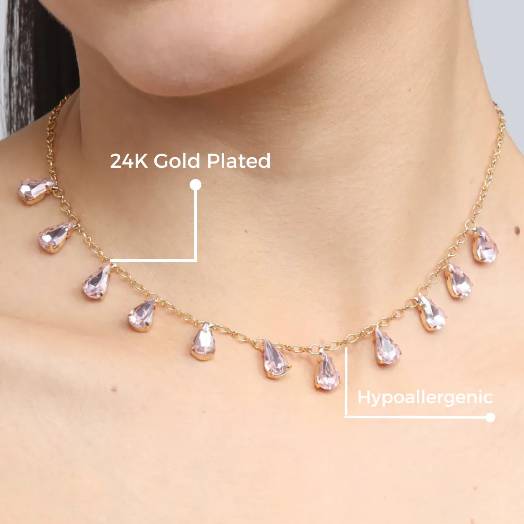 TFC 24K Pink Drop Crystal Gold Plated Dainty Necklace