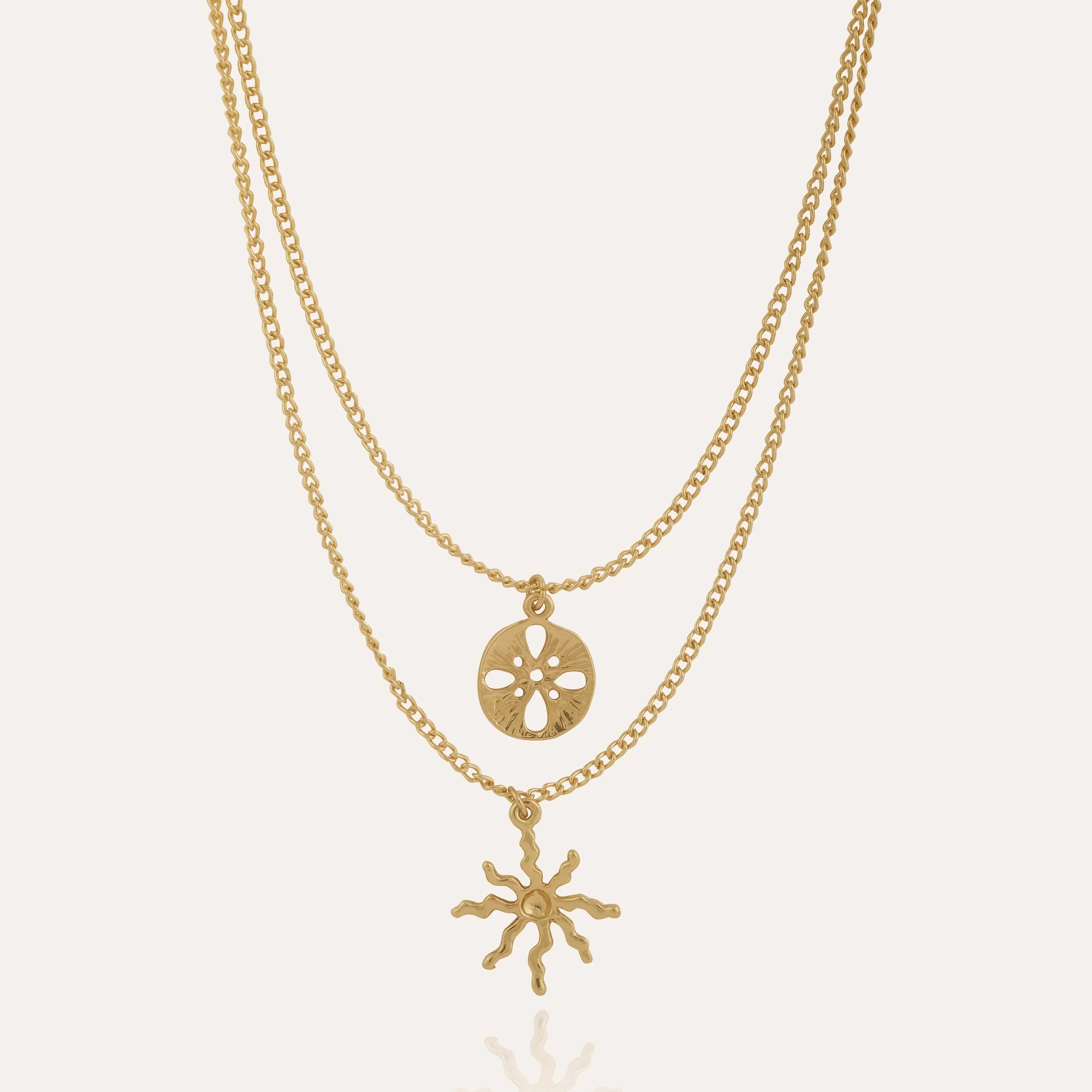 TFC Sunny Charms Layered Gold Plated Necklace-Enhance your elegance with our collection of gold-plated necklaces for women. Choose from stunning pendant necklaces, chic choker necklaces, and trendy layered necklaces. Our sleek and dainty designs are both affordable and anti-tarnish, ensuring lasting beauty. Enjoy the cheapest fashion jewellery, lightweight and stylish- only at The Fun Company