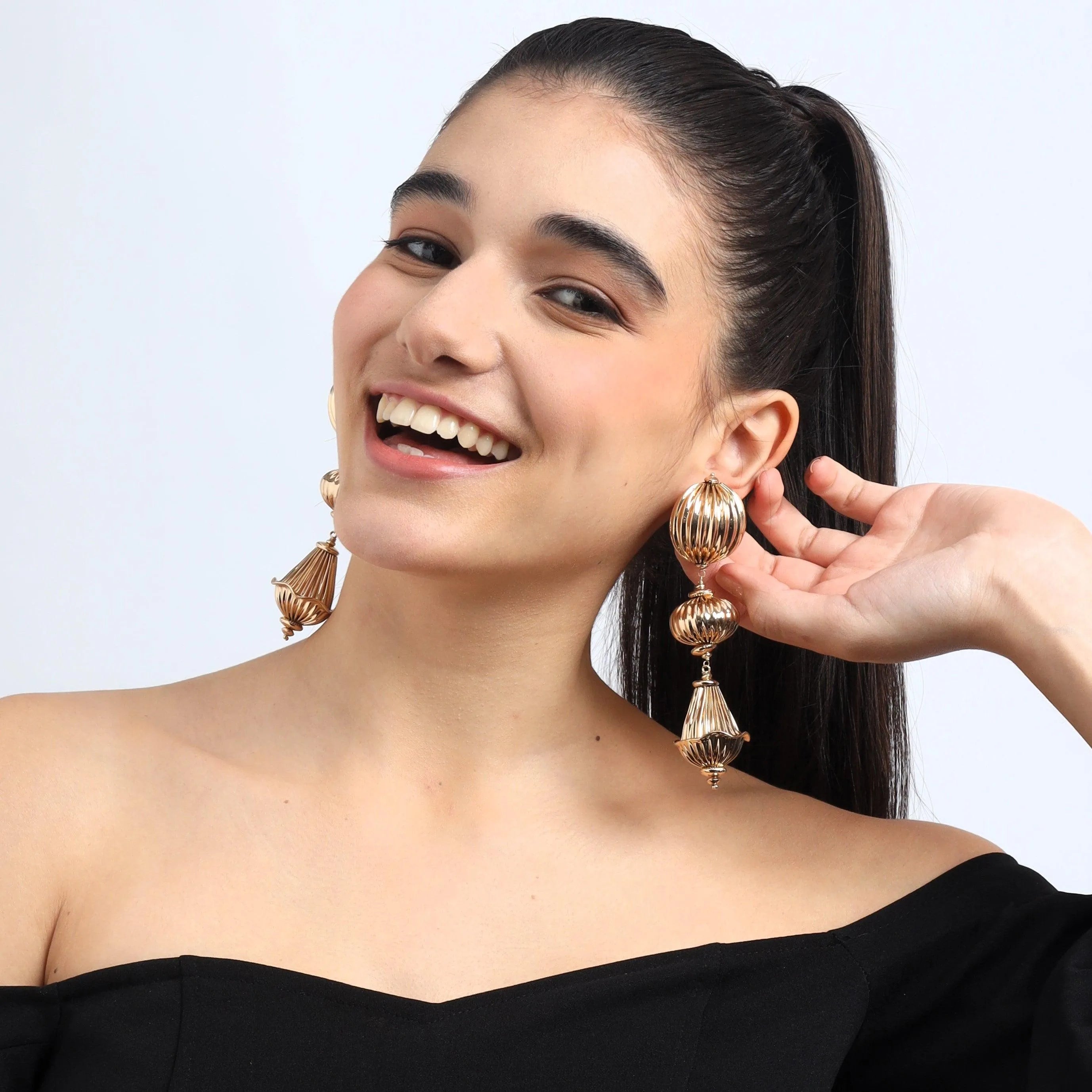 TFC Varied Vortex Bold Bead Gold Plated Shoulder Duster Dangler Earrings