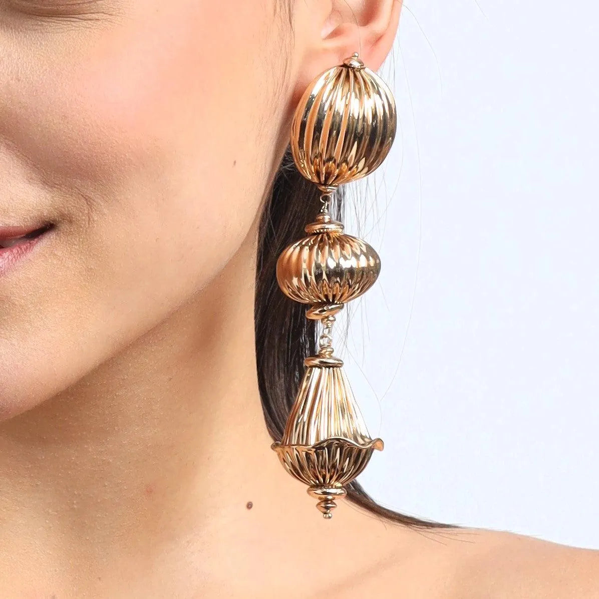 TFC Varied Vortex Bold Bead Gold Plated Shoulder Duster Dangler Earrings