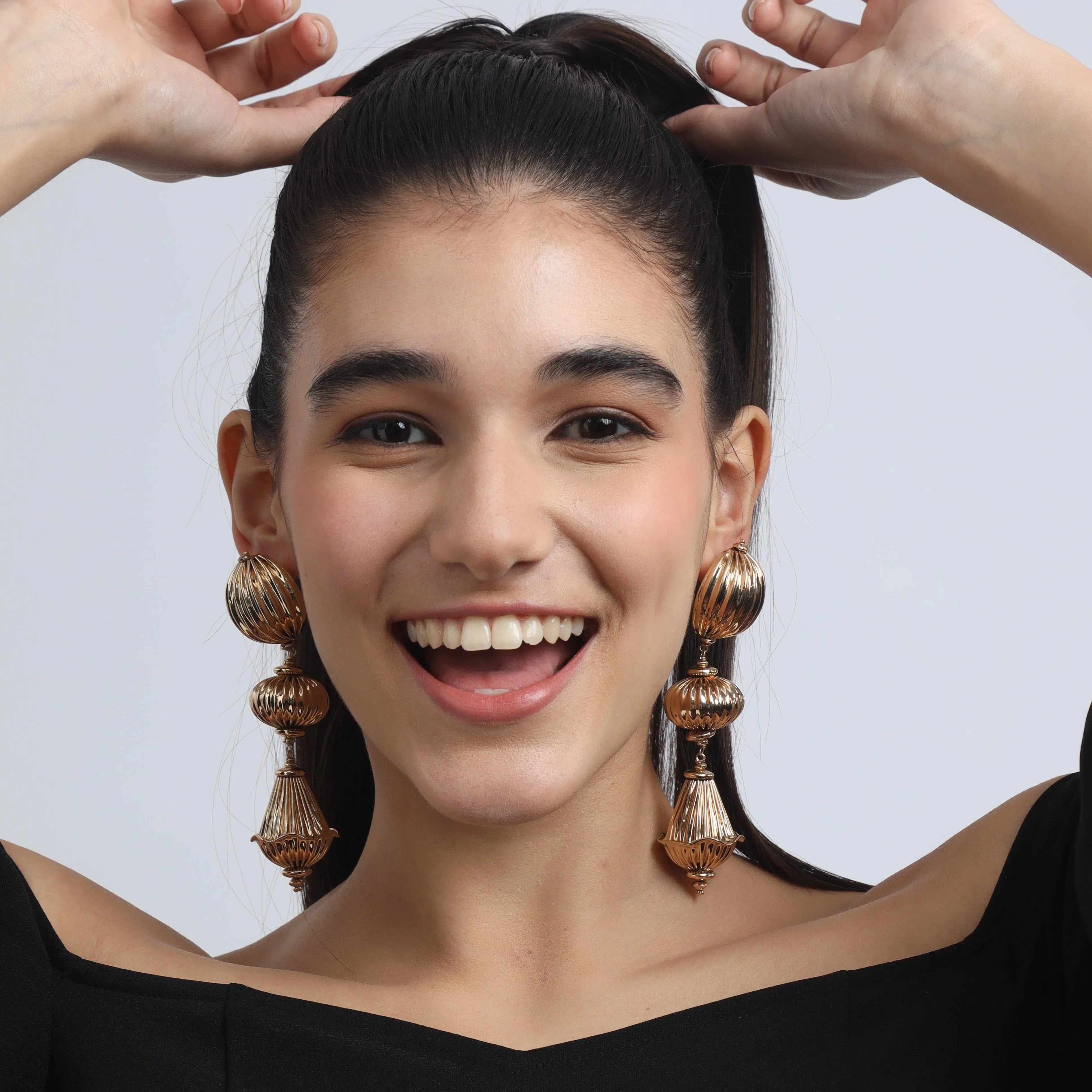 TFC Varied Vortex Bold Bead Gold Plated Shoulder Duster Dangler Earrings