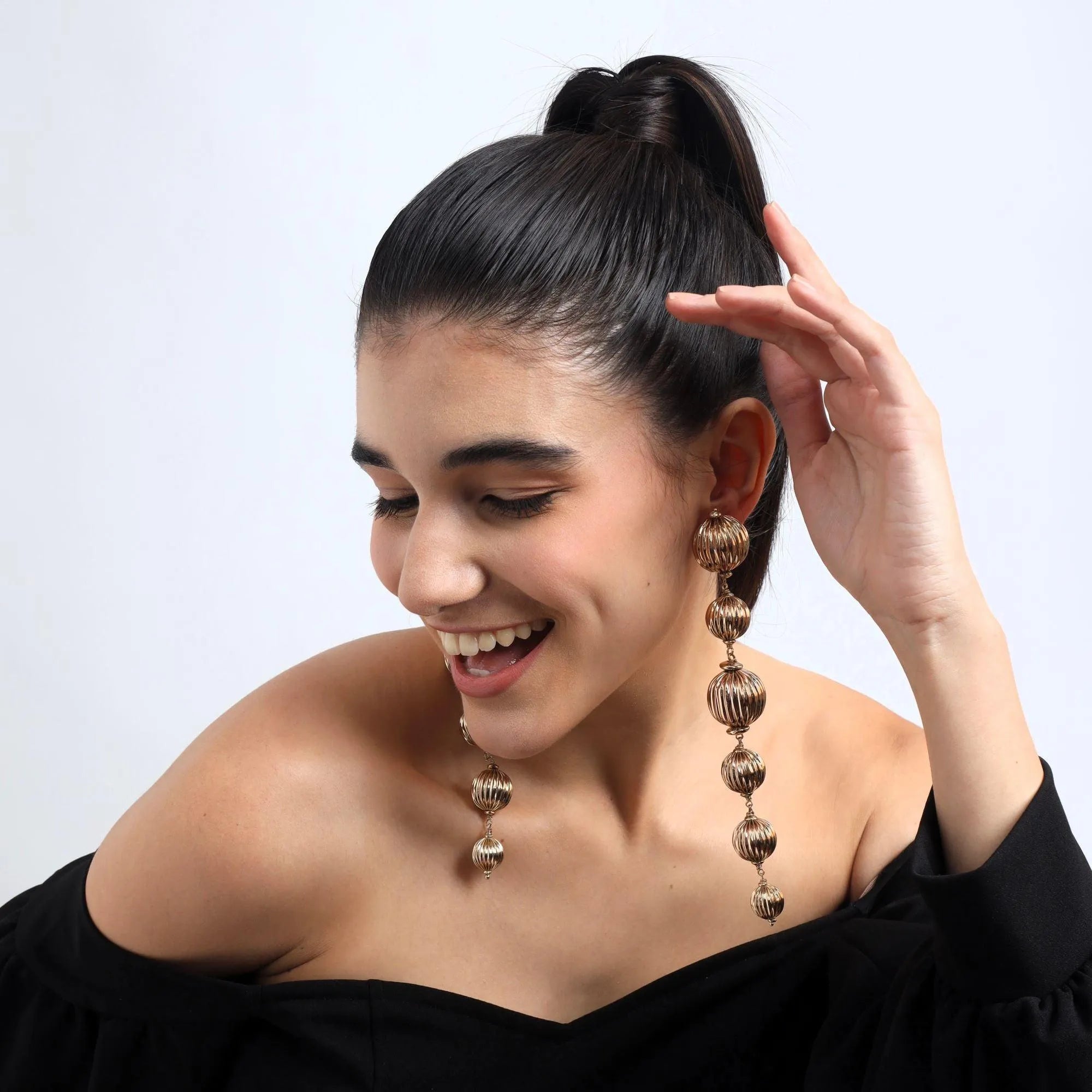 TFC Vortex Bold Bead Gold Plated Shoulder Duster Dangler Earrings