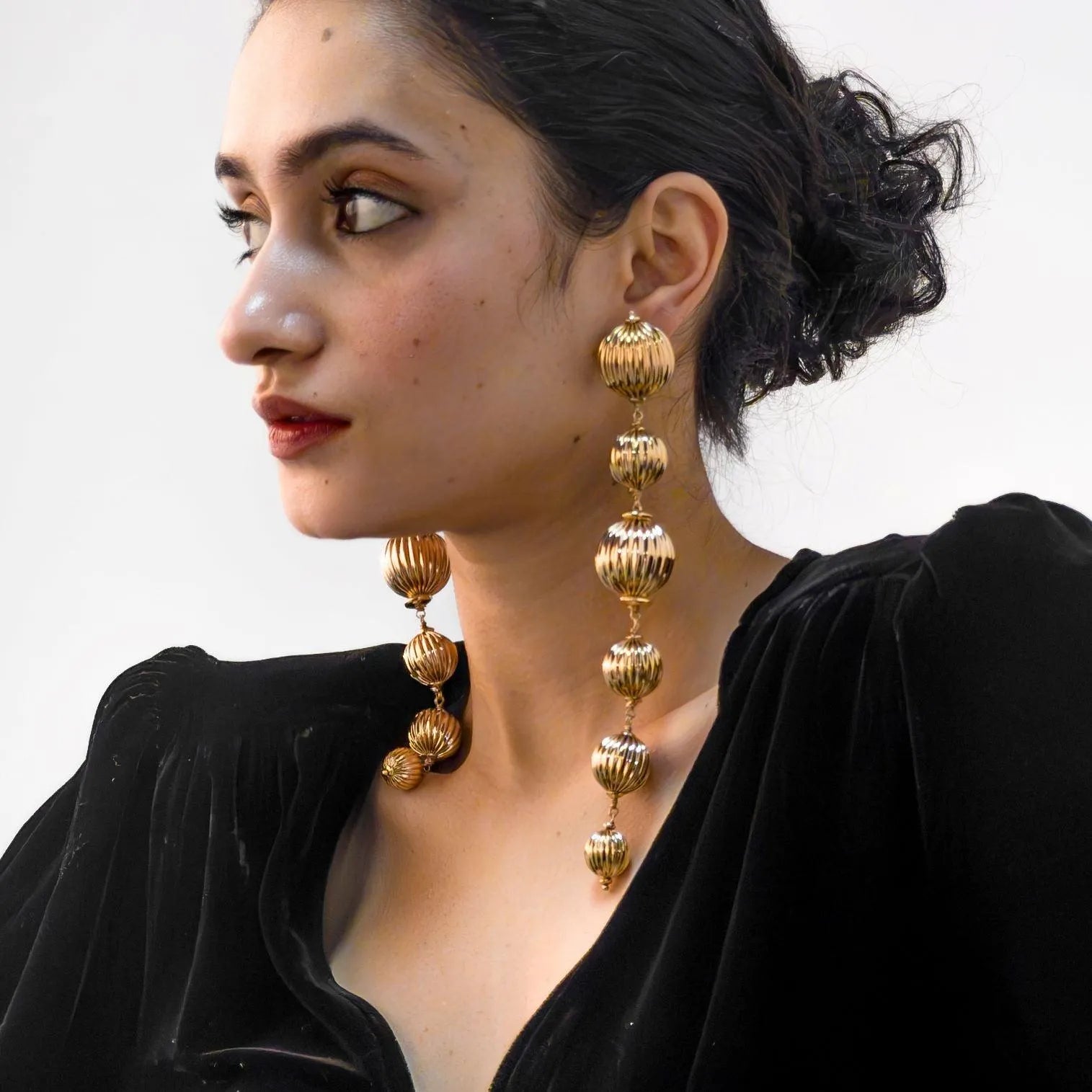 TFC Vortex Bold Bead Gold Plated Shoulder Duster Dangler Earrings