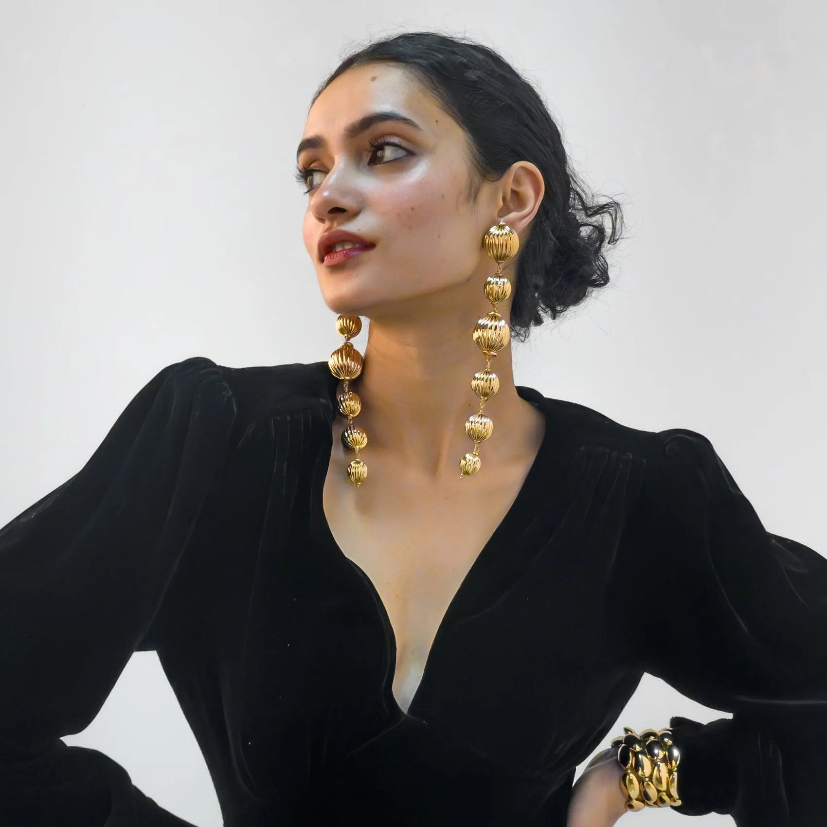 TFC Vortex Bold Bead Gold Plated Shoulder Duster Dangler Earrings