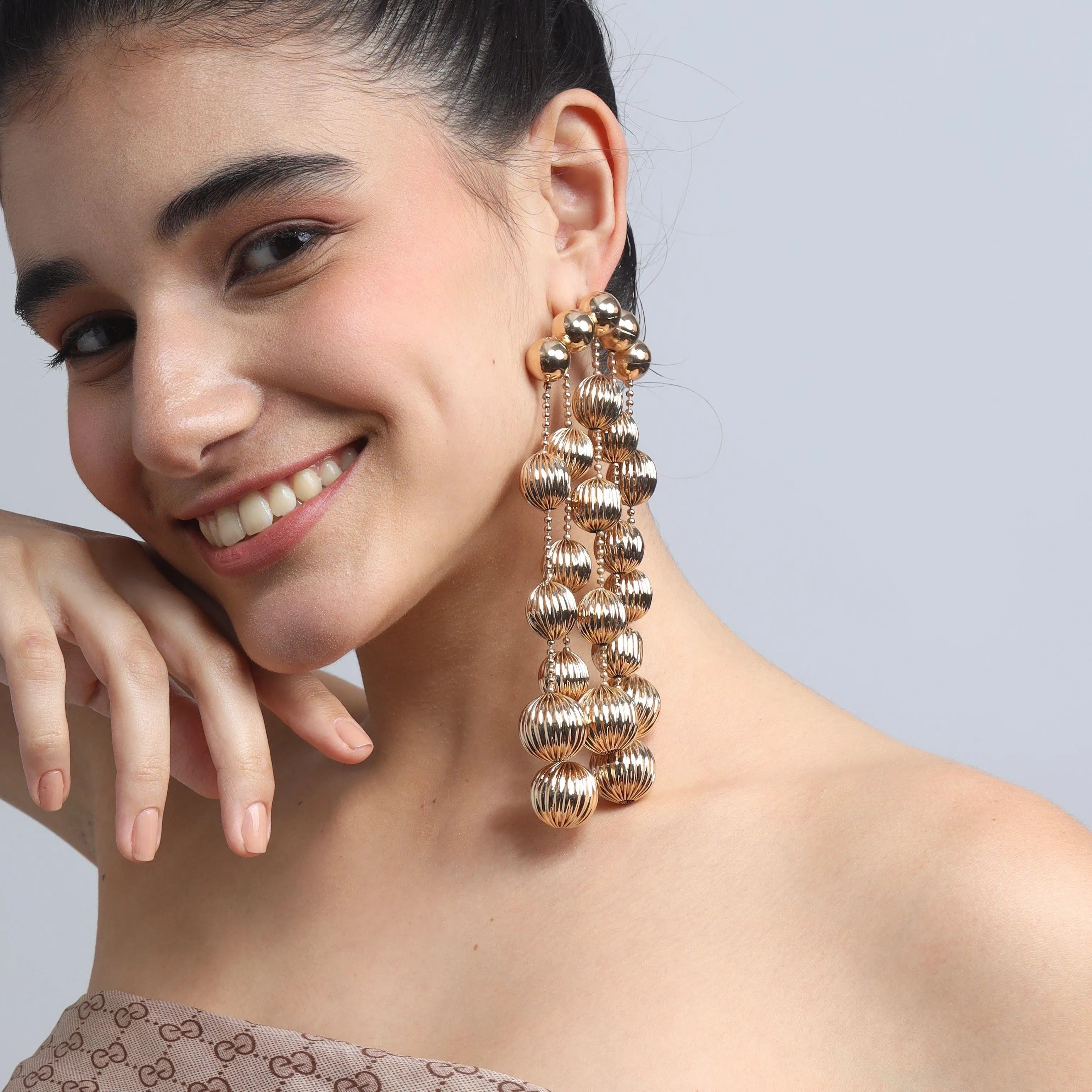 TFC Vortex Bold Bead Waterfall Gold Plated Dangler Earrings