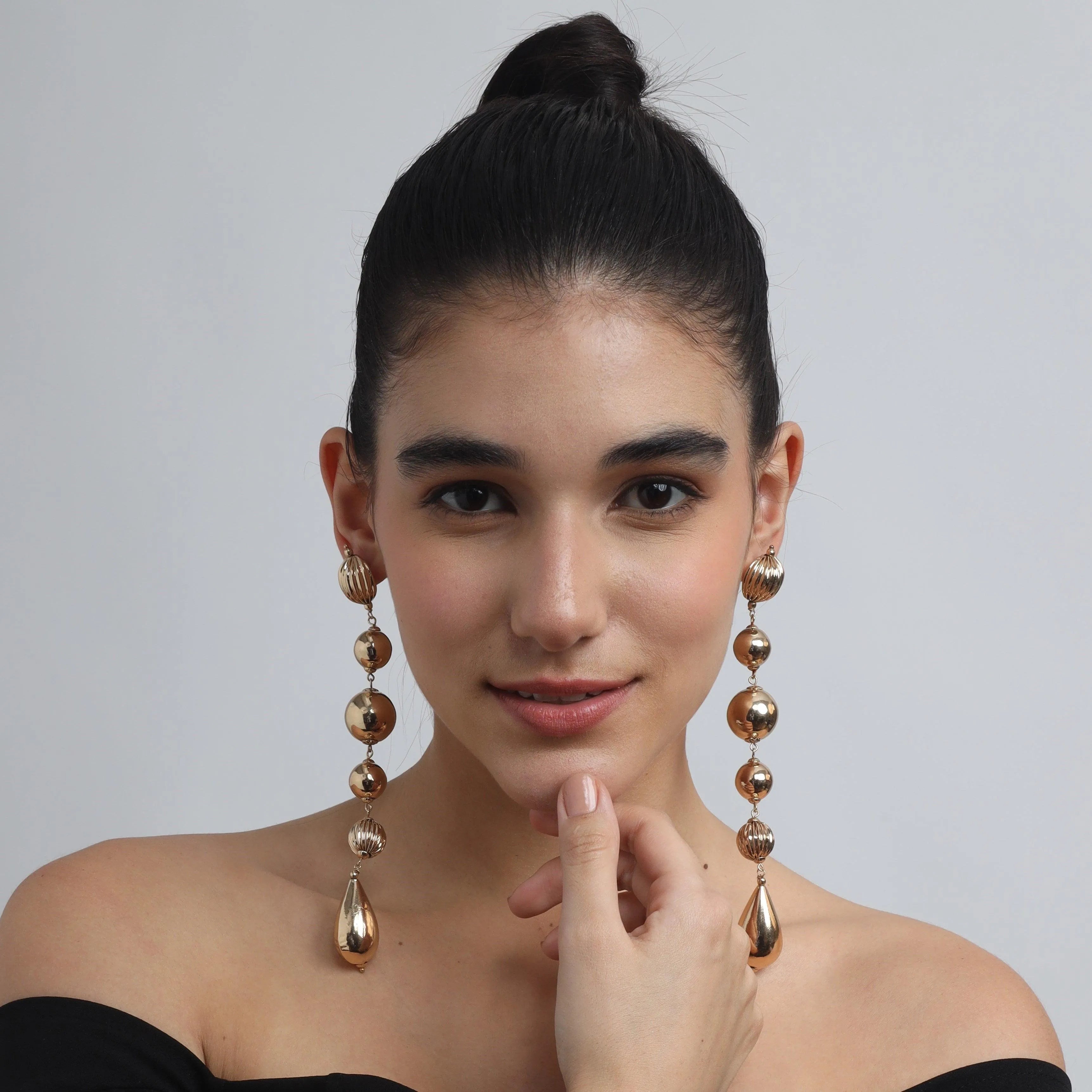 TFC Vortex Drop Bold Bead Shoulder Duster Gold Plated Earrings