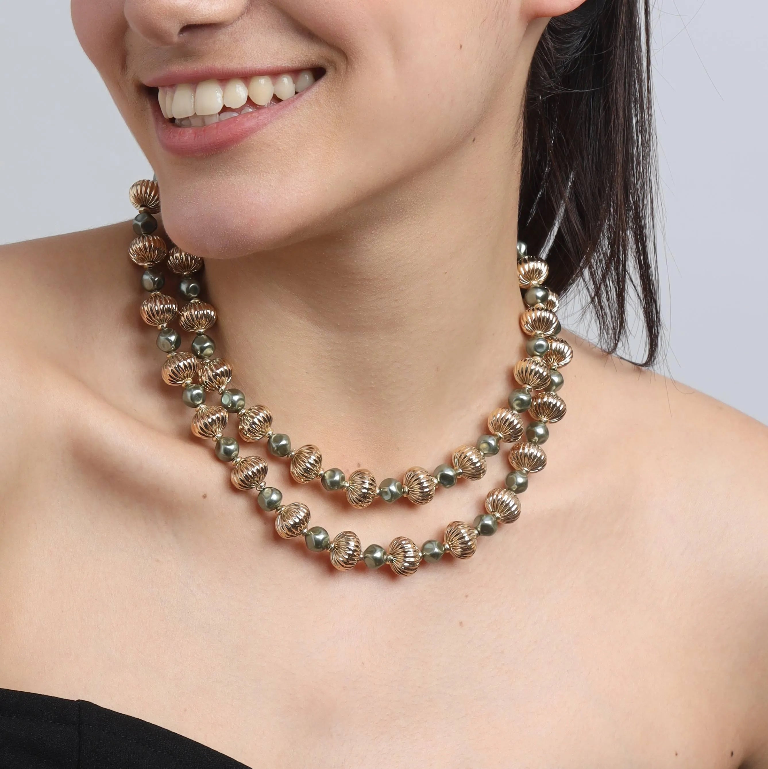TFC Vortex Small Bold Bead with Black Pearl Gold Plated Layered Necklace